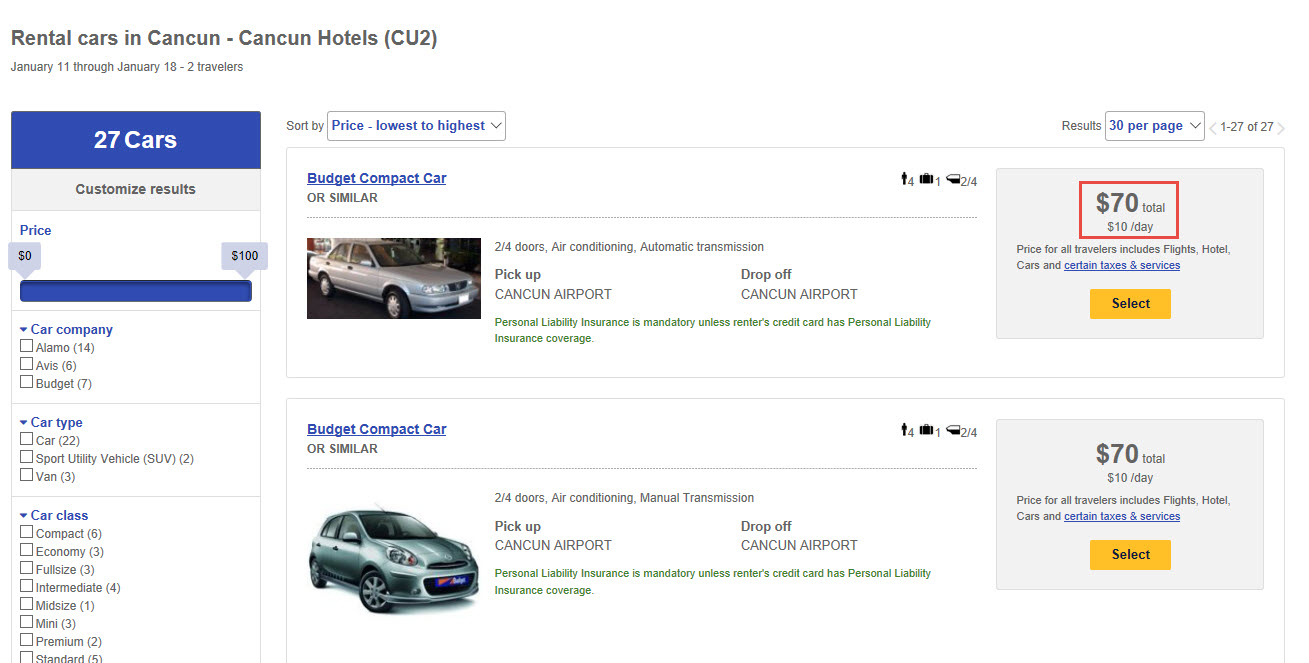 Southwest Vacations Rental Car Search