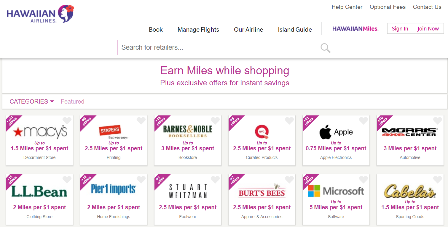 Hawaiian Miles Online Mall Homepage