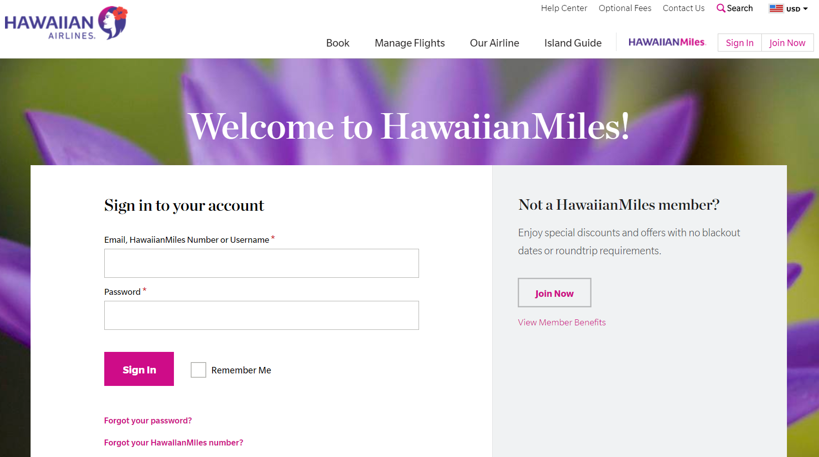 HawaiianMiles Online Mall Log in Page