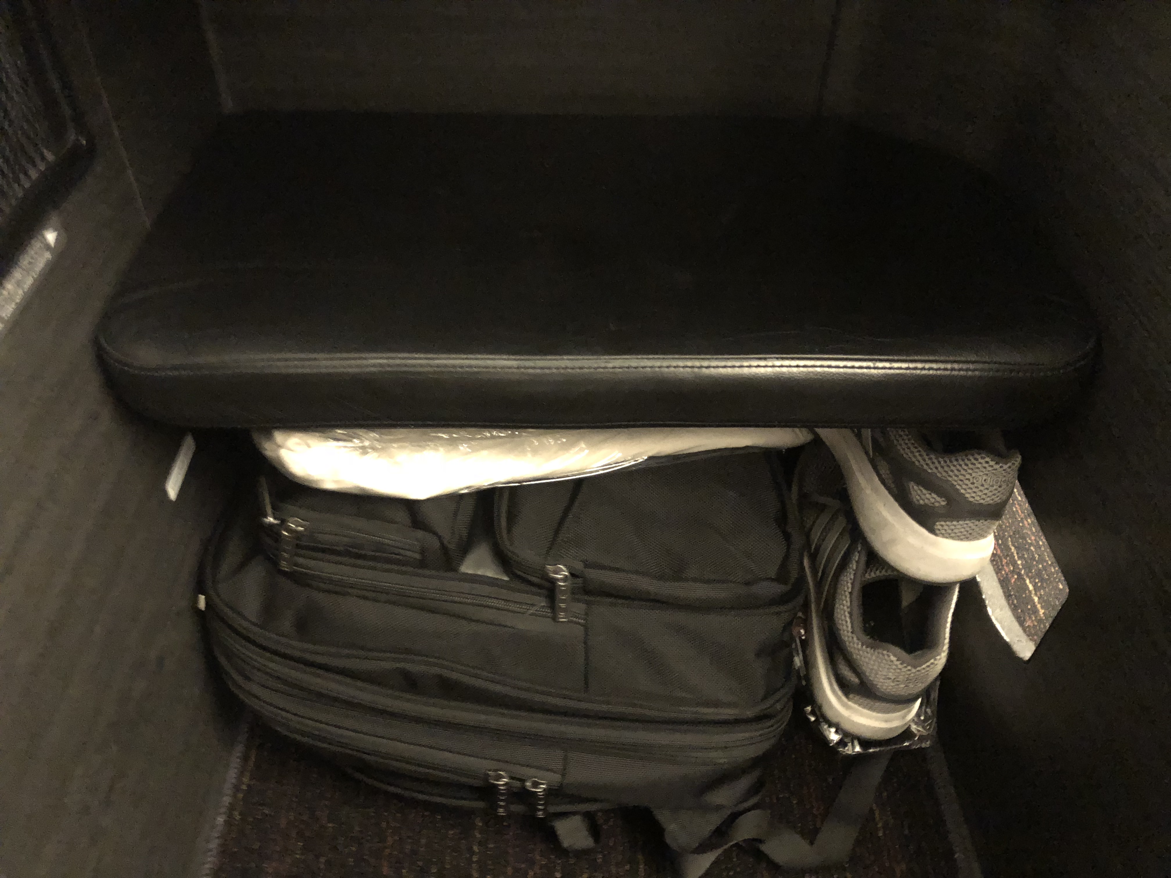 JAL Business Class 777 Storage Space Under Bulkhead Ottoman