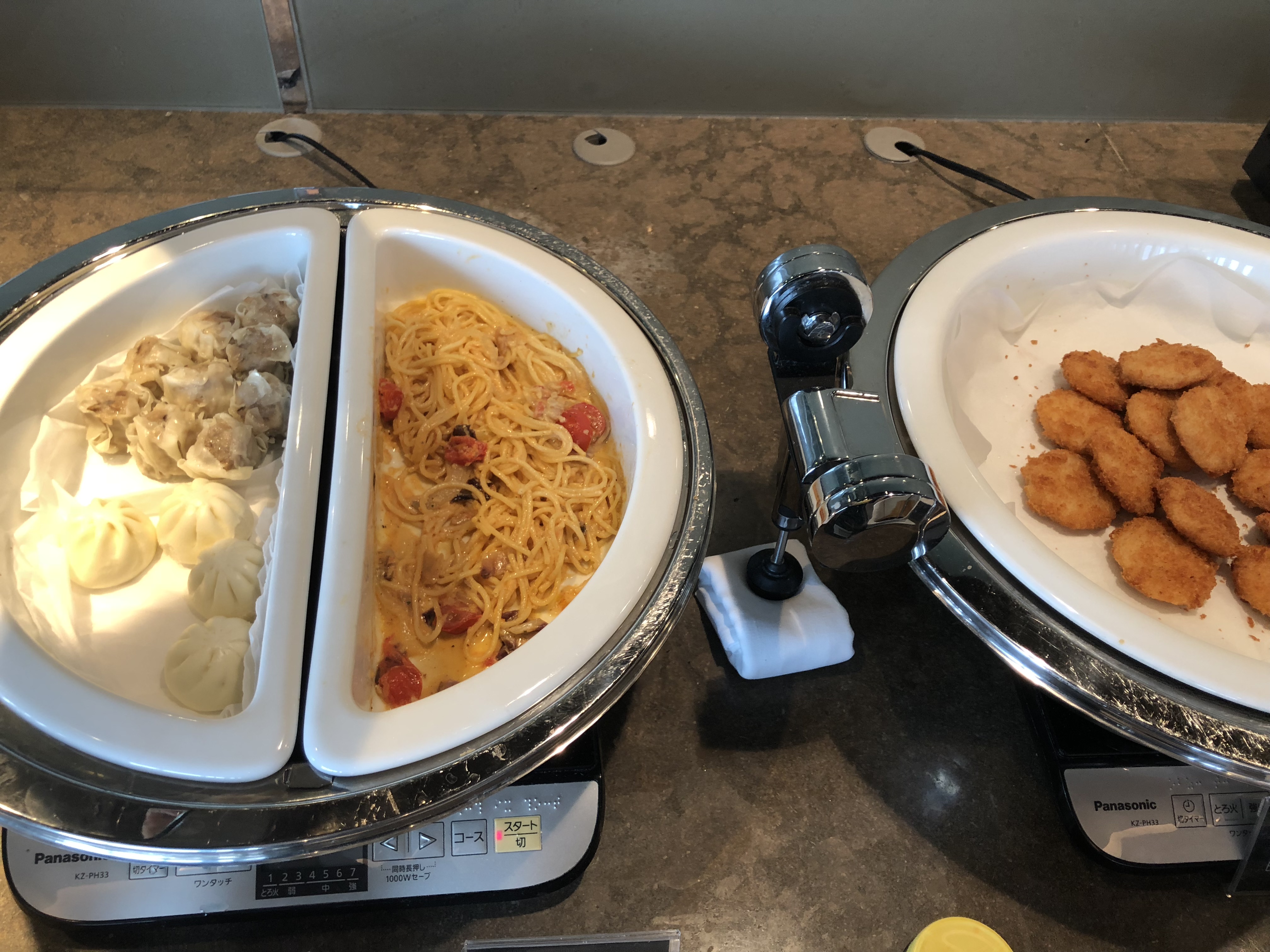 Dim sum, pasta, and chicken nuggets