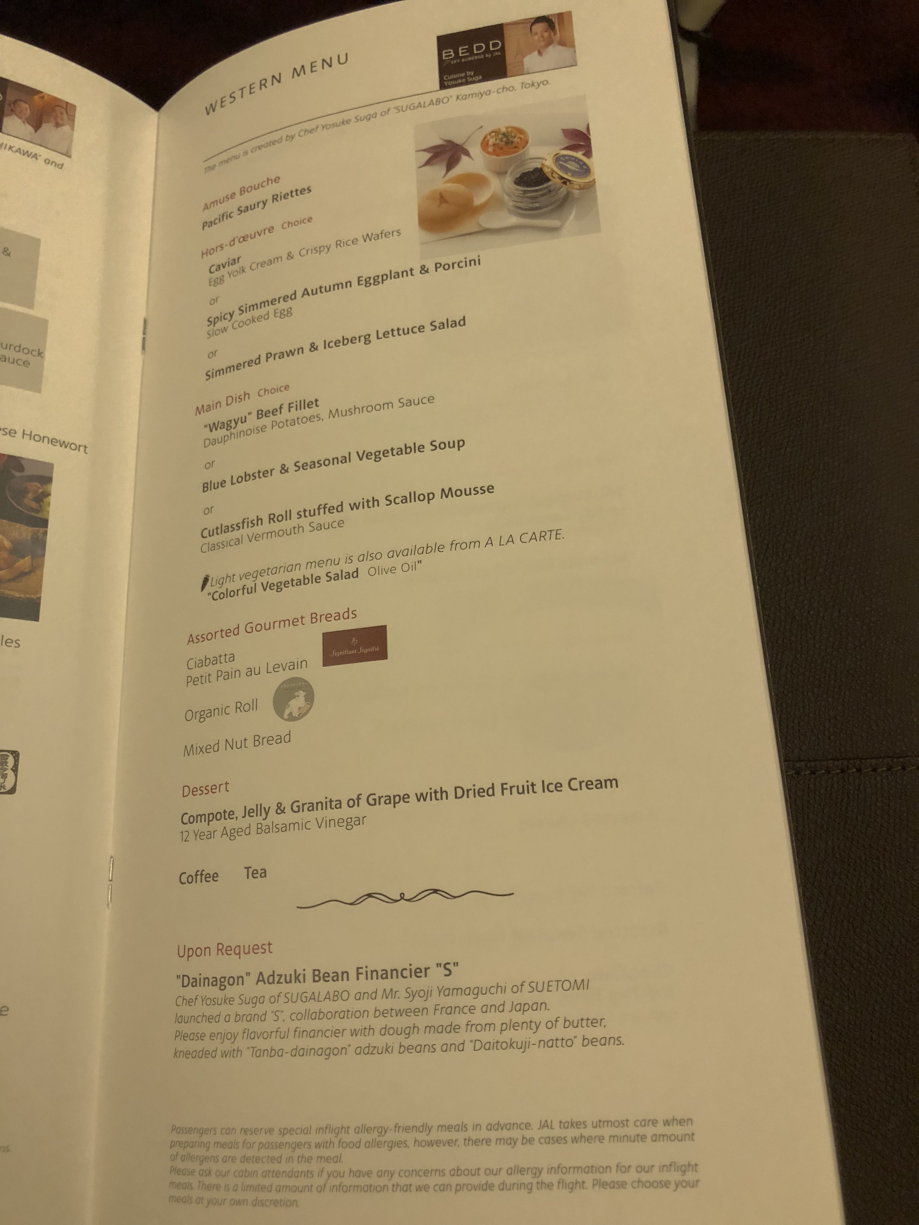 Japan Airlines 777 First Class Western Menu