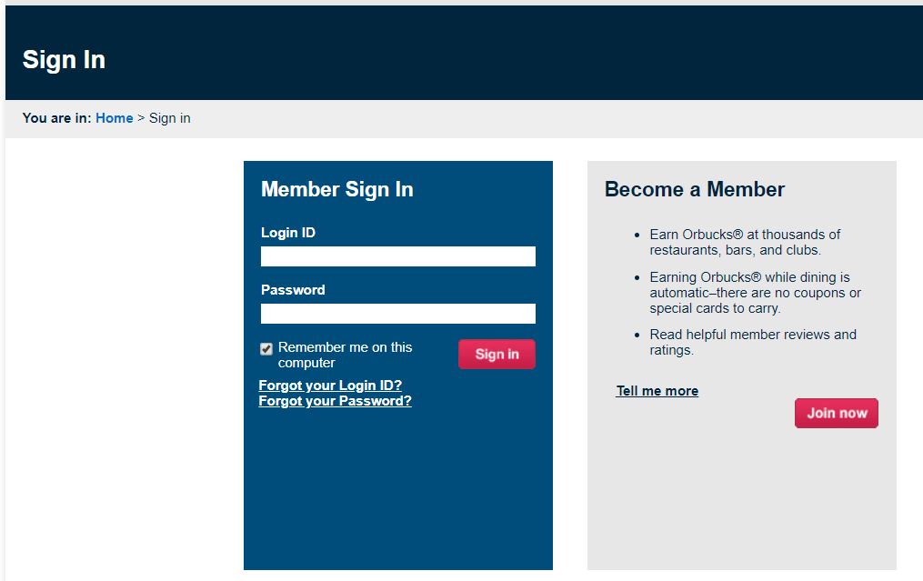 Orbitz Rewards Dining Log in