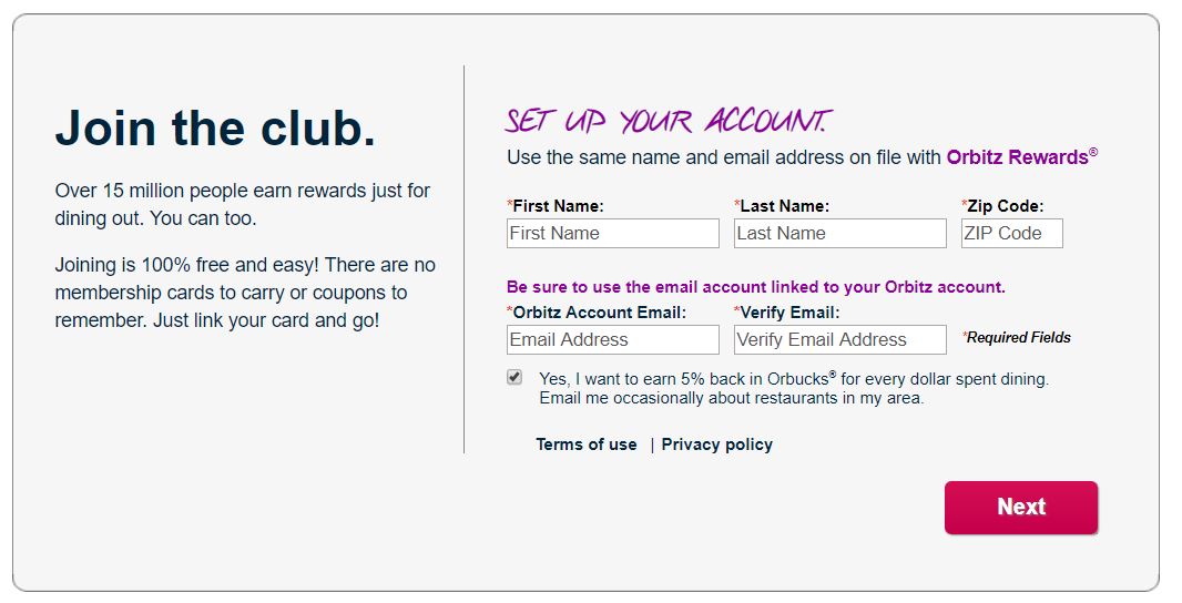 Orbitz Rewards Dining Sign Up