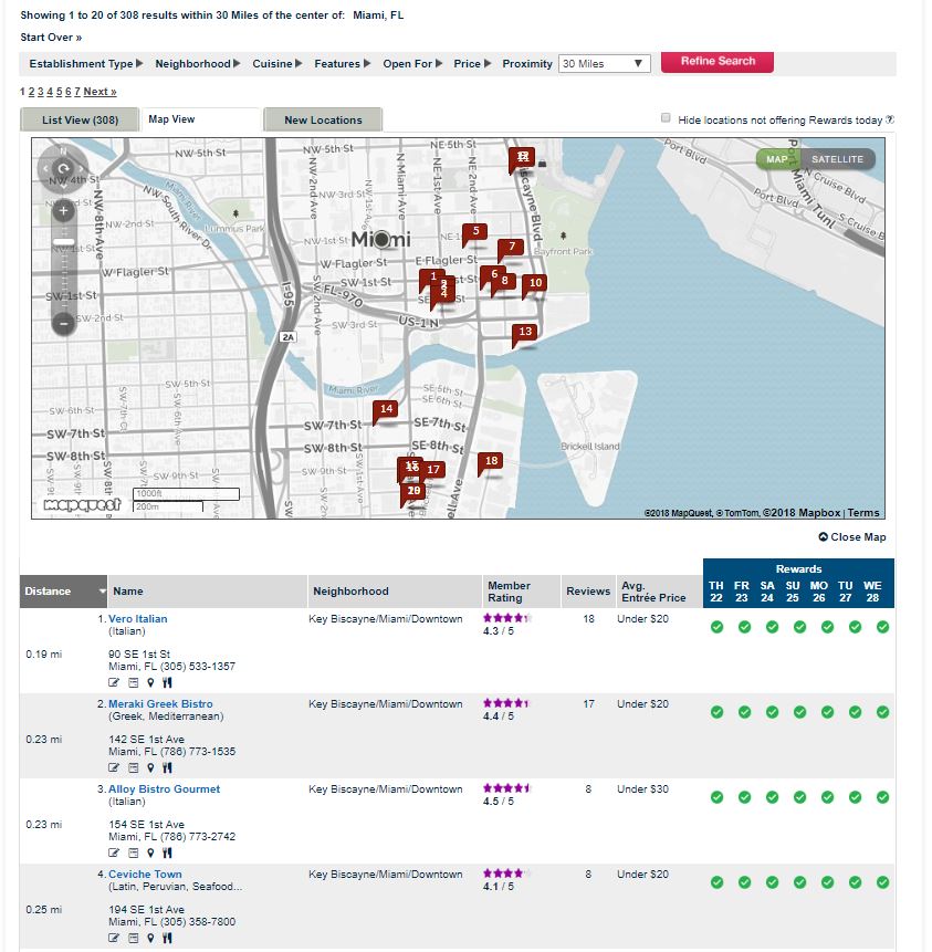 Orbitz Rewards Dining Restaurant Search