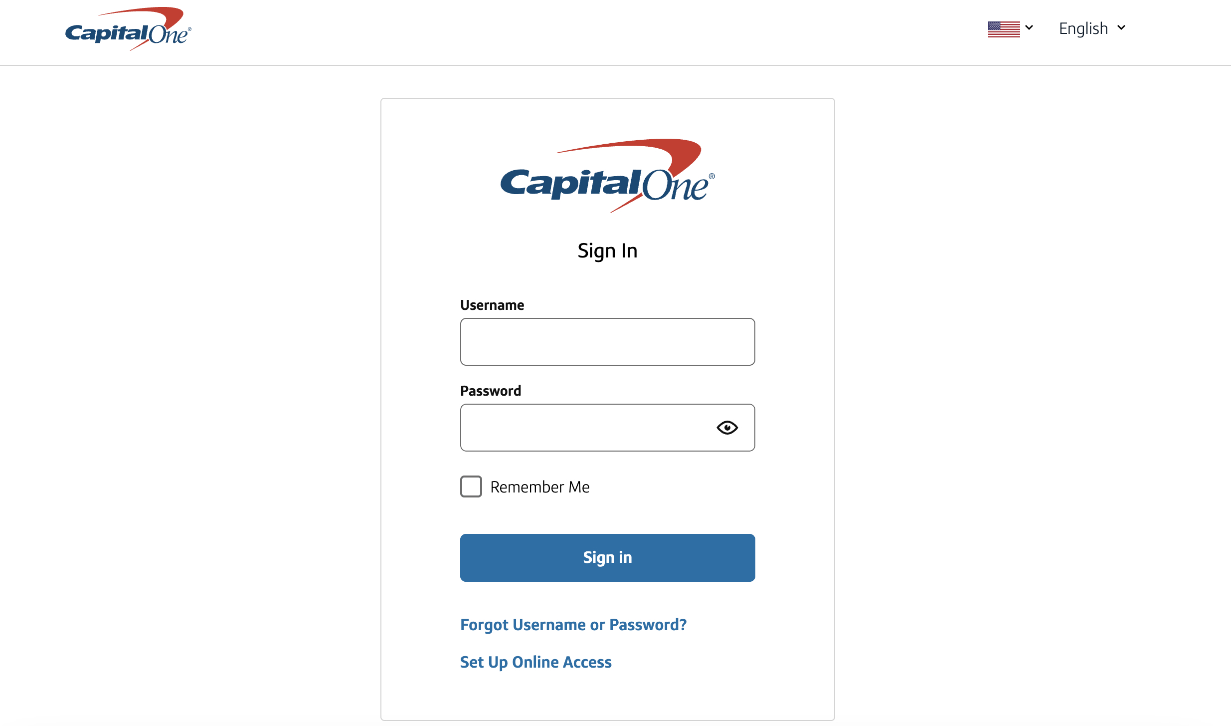 Capital One Log-In Screen Capital One login screen