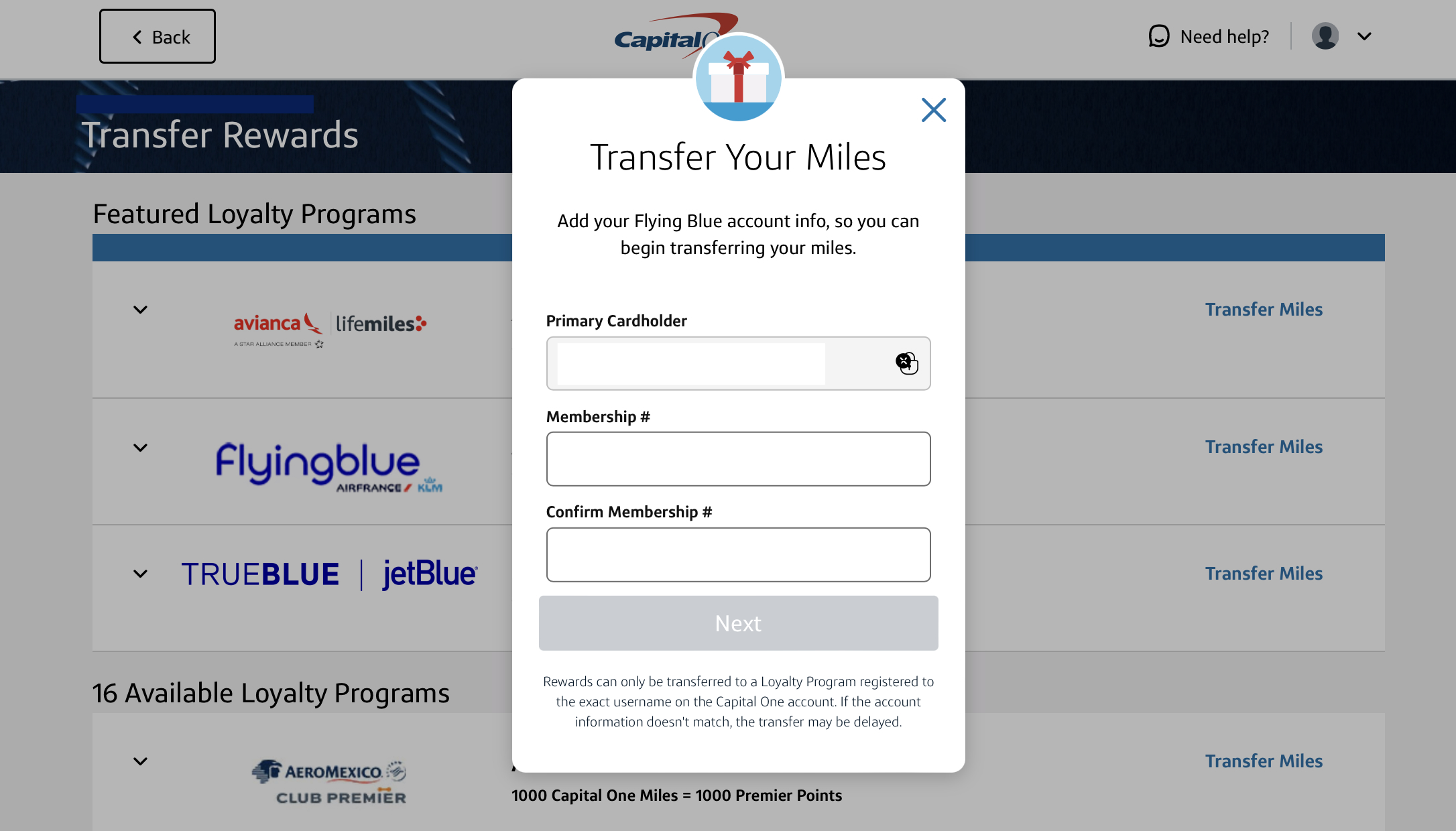 Capital One Transfer Miles Capital One miles transfer miles page