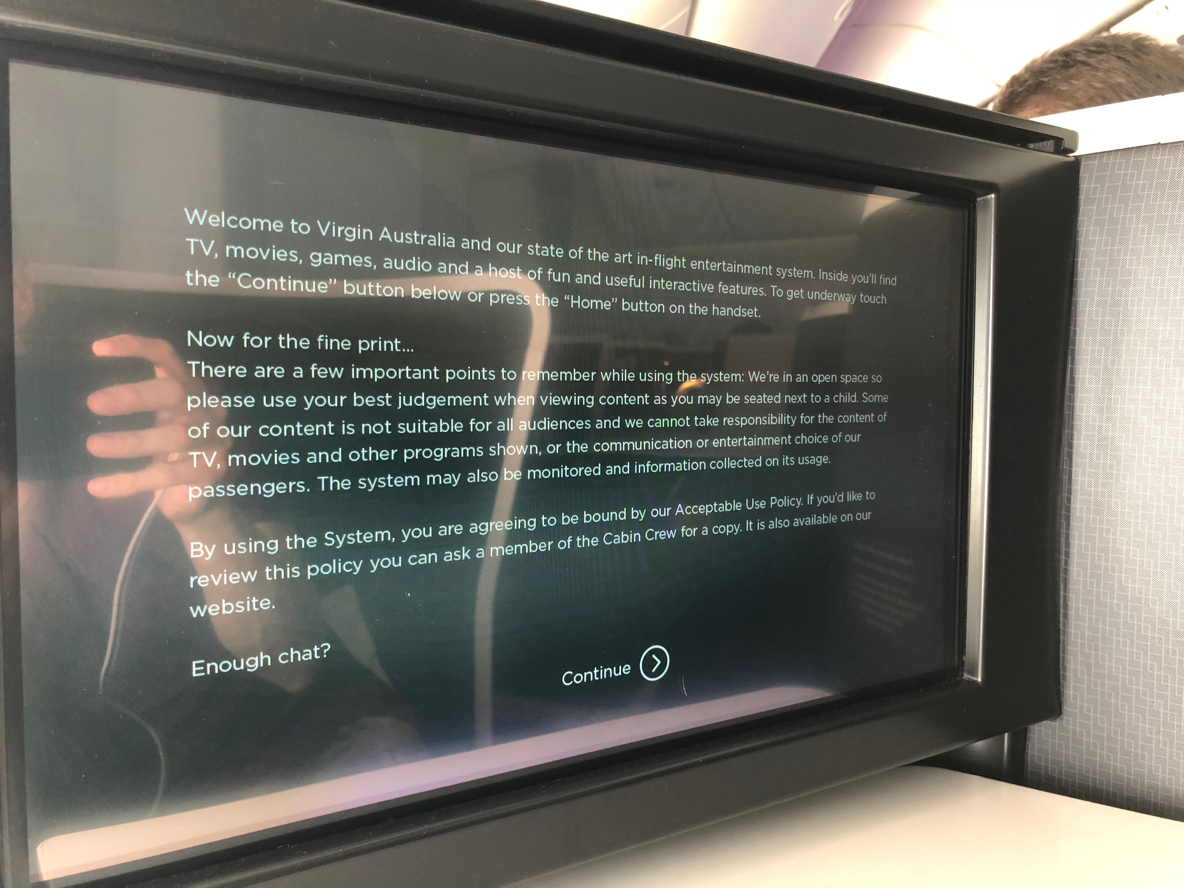 Virgin Australia 777 the business IFE warning
