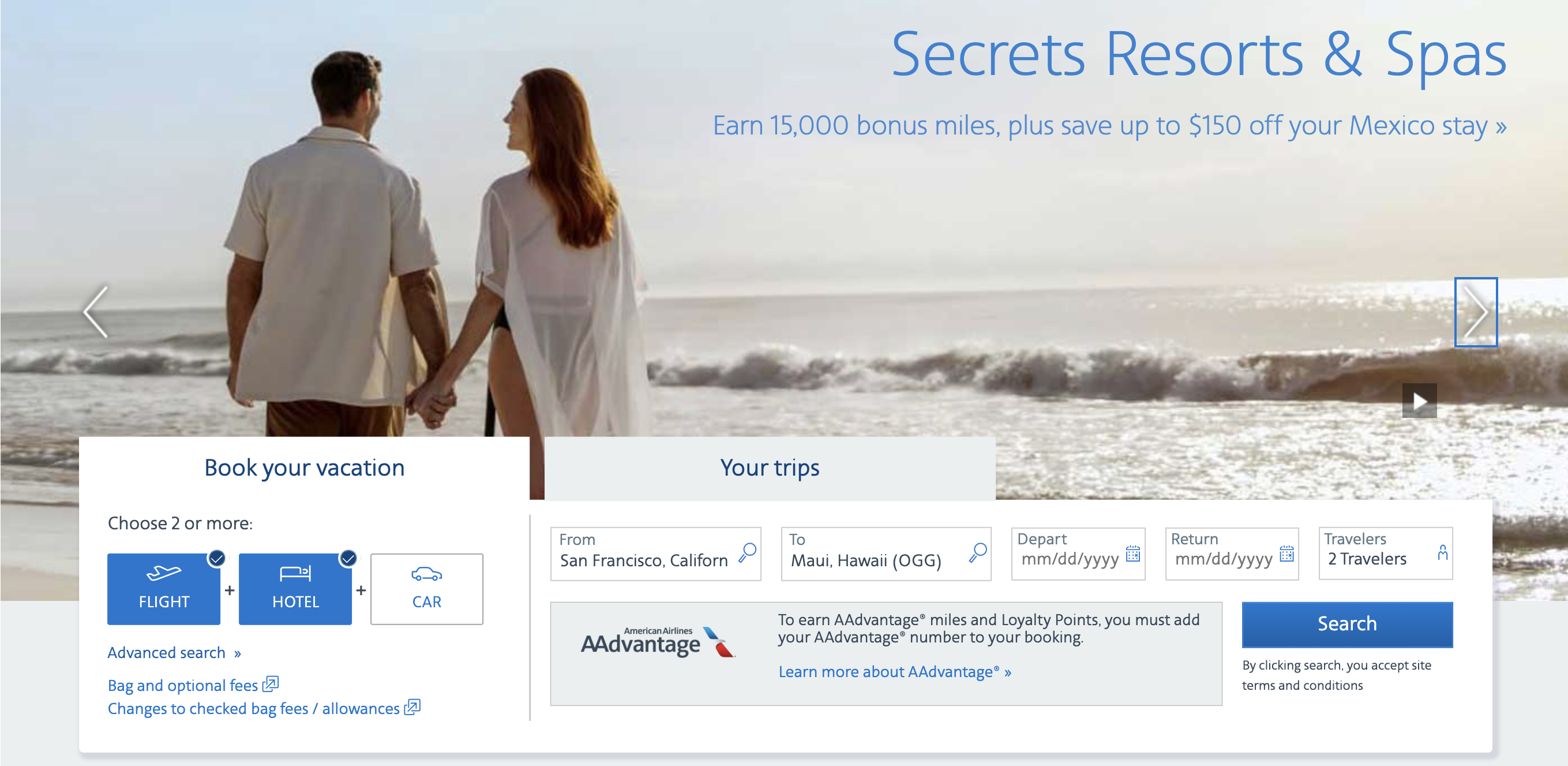 AA vacation package homepage