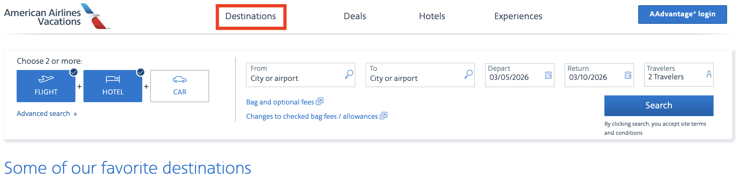 AA vacations destinations tab