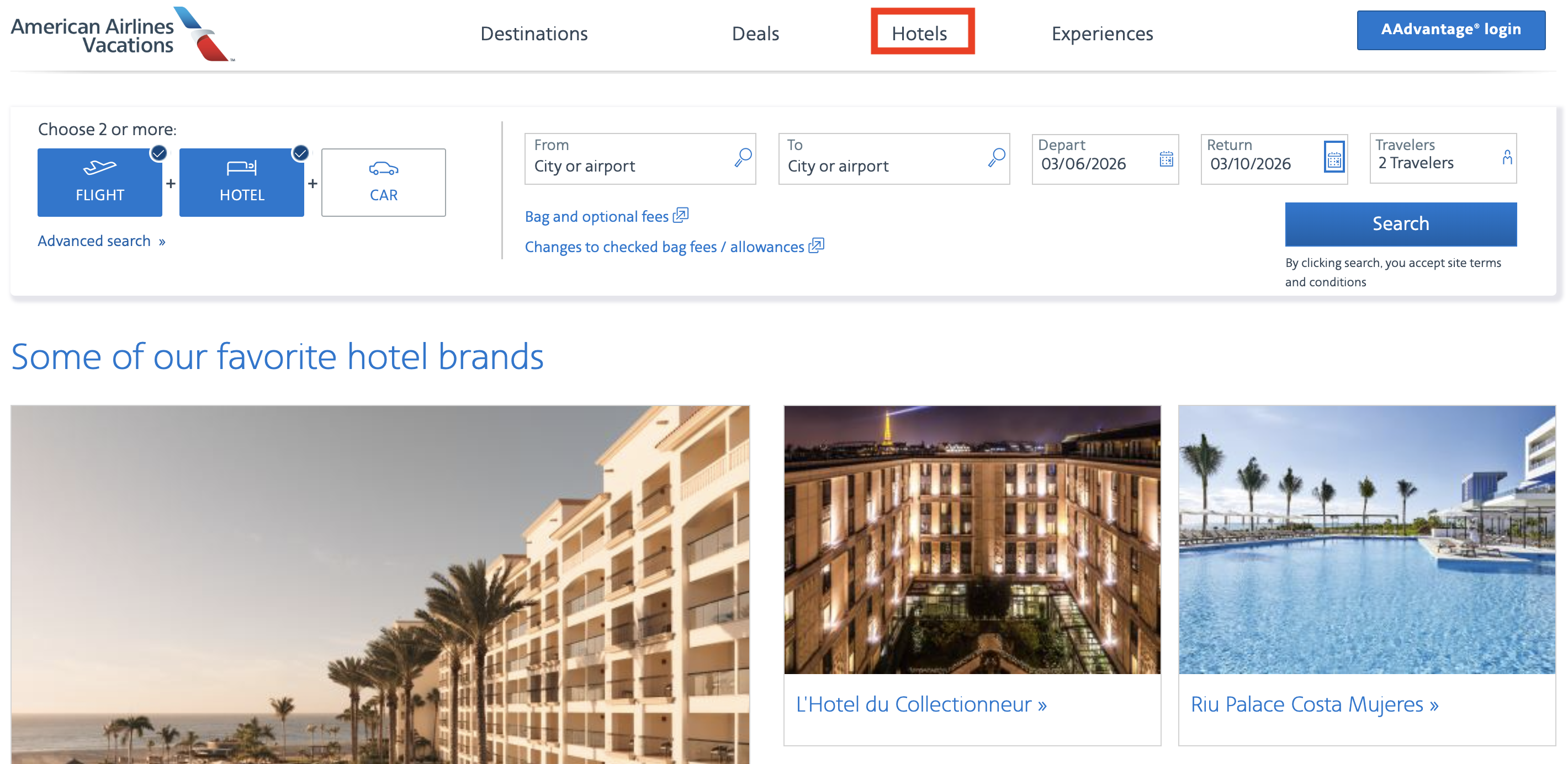 AA vacations hotel tab