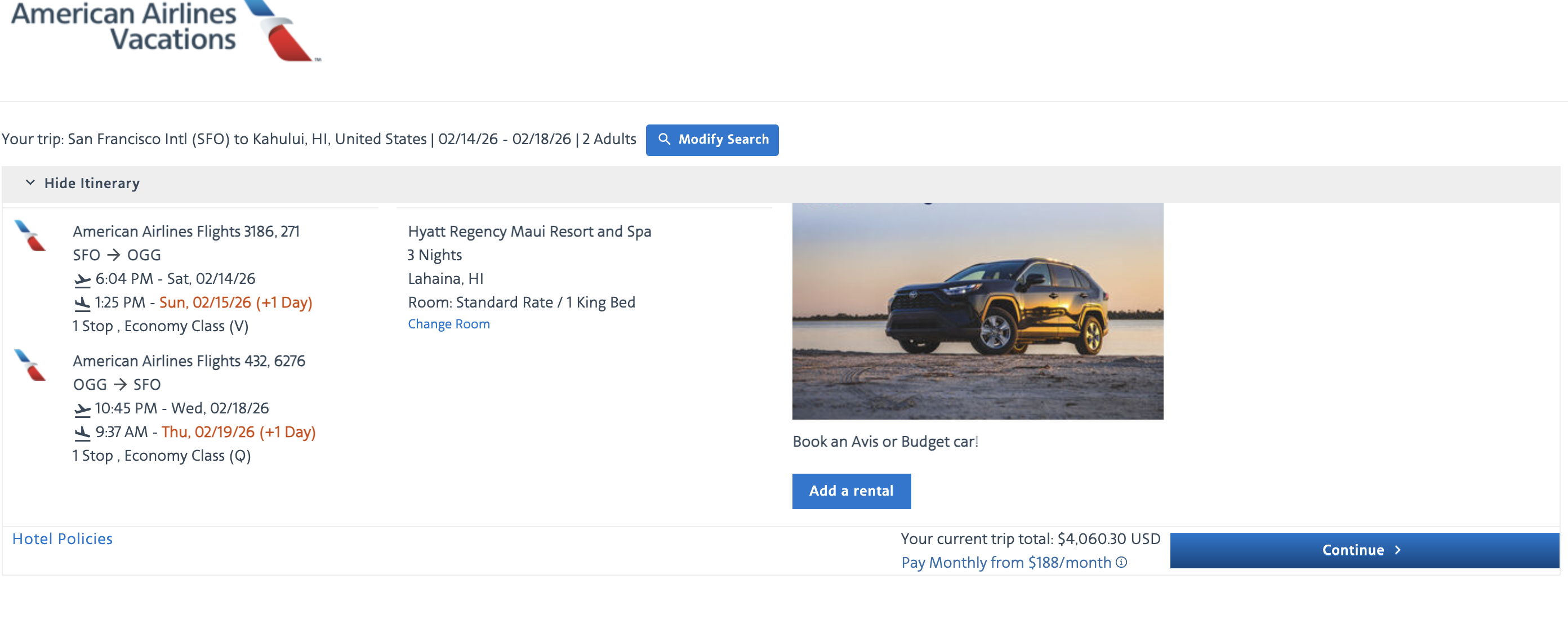 AA vacations rental car page