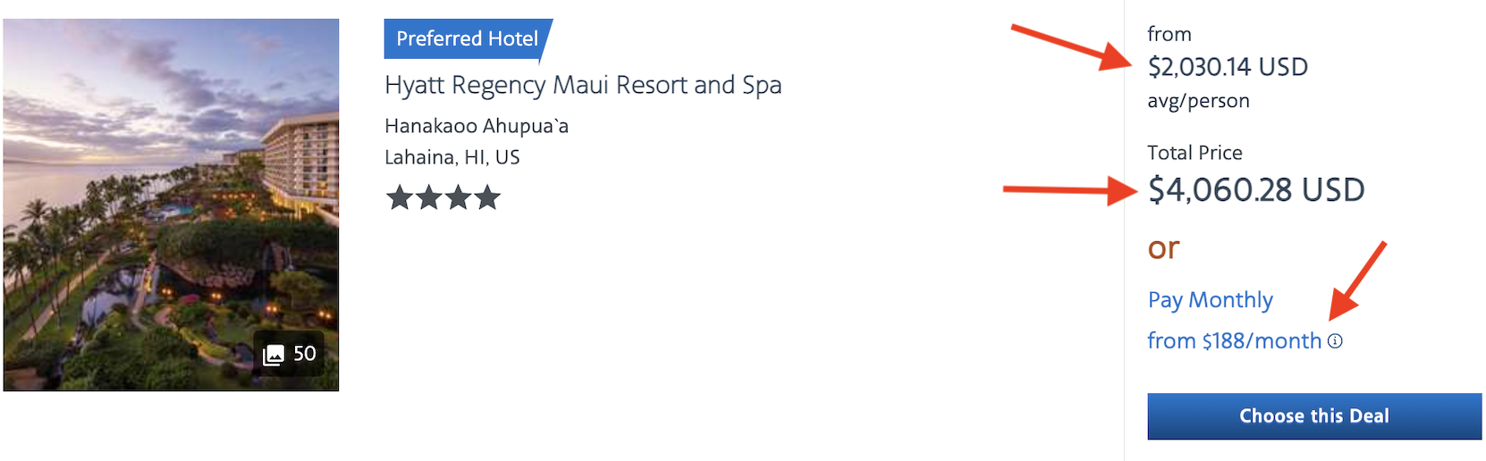 AA vacations search results page