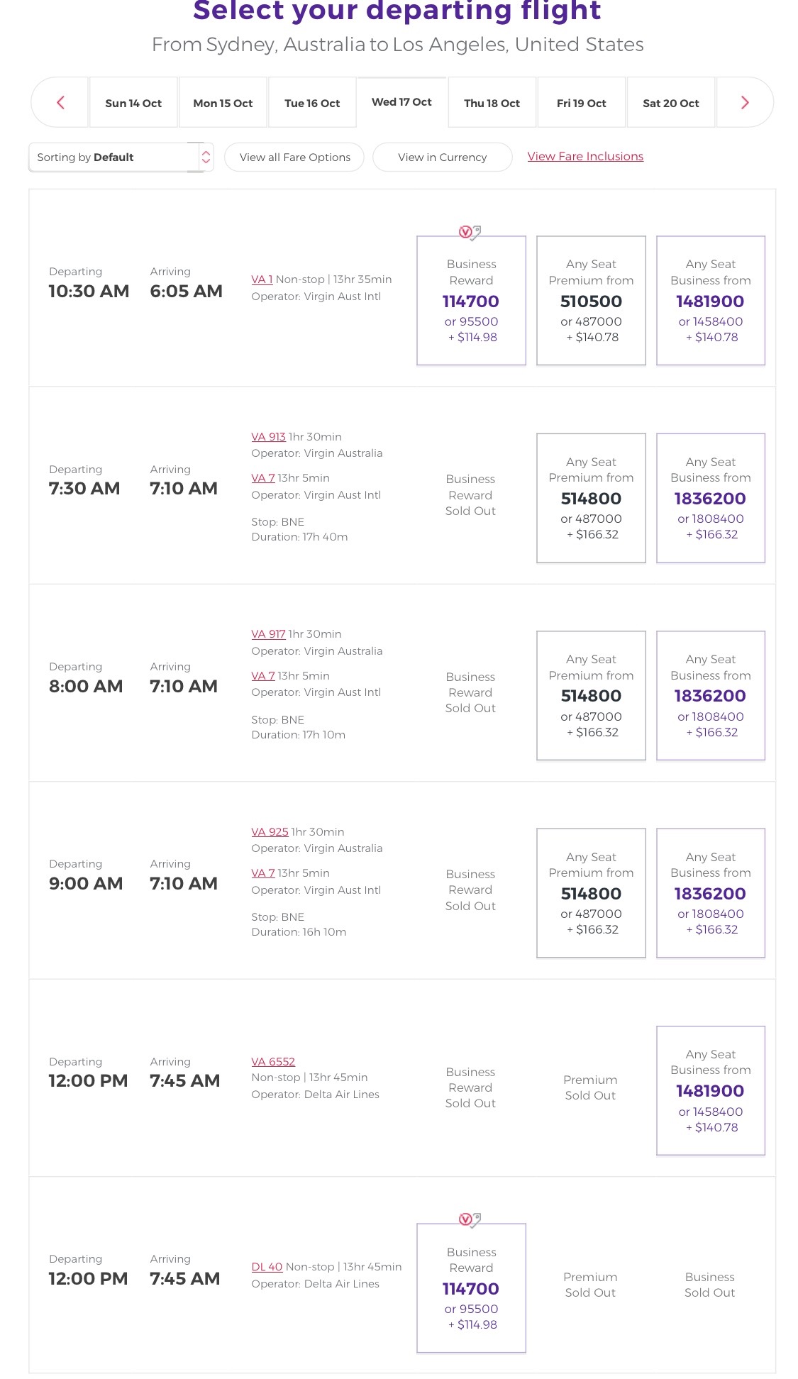 Virgin Australia Business Class Availability