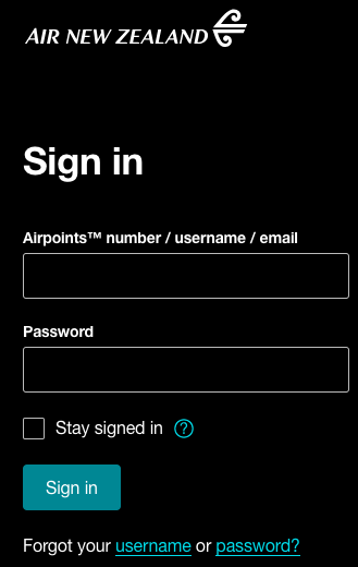 Air New Zealand Login Screen
