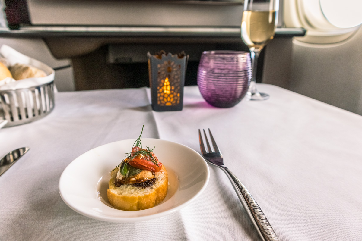 Qatar Airways Boeing 777 Qsuite Business Class Meal Service