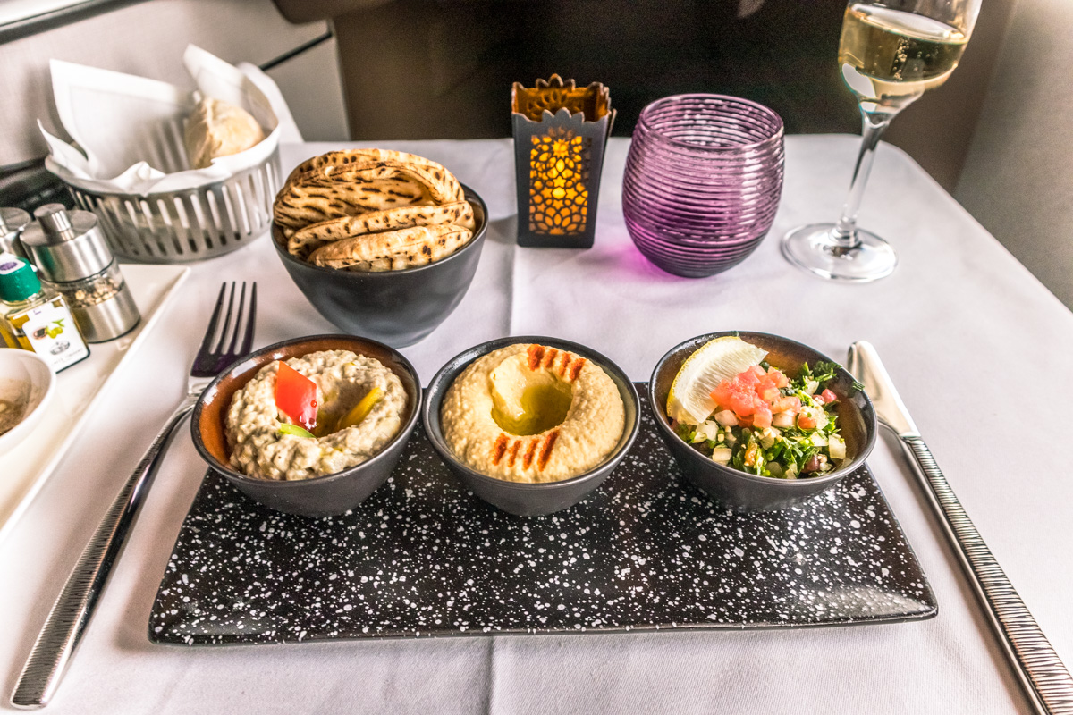 Qatar Airways Boeing 777 Qsuite Business Class Meal Service
