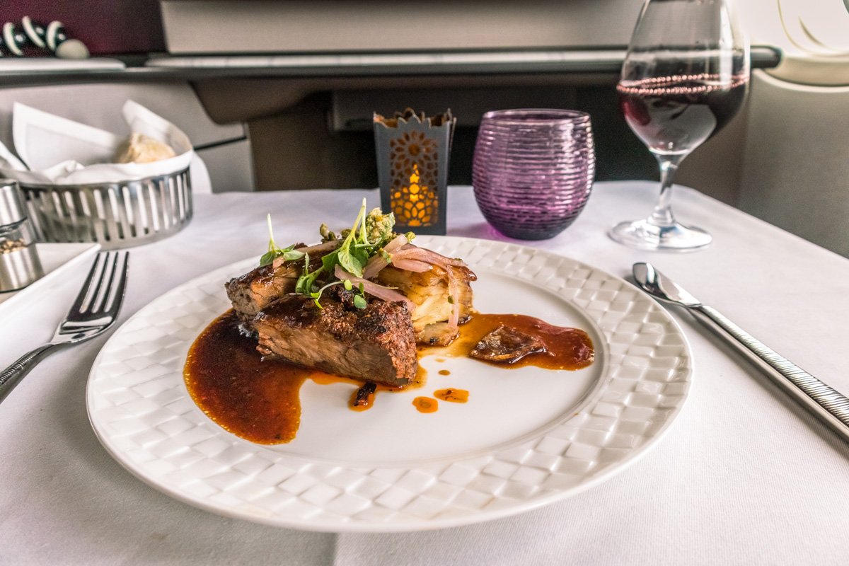 Qatar Airways Boeing 777 Qsuite Business Class Meal Service