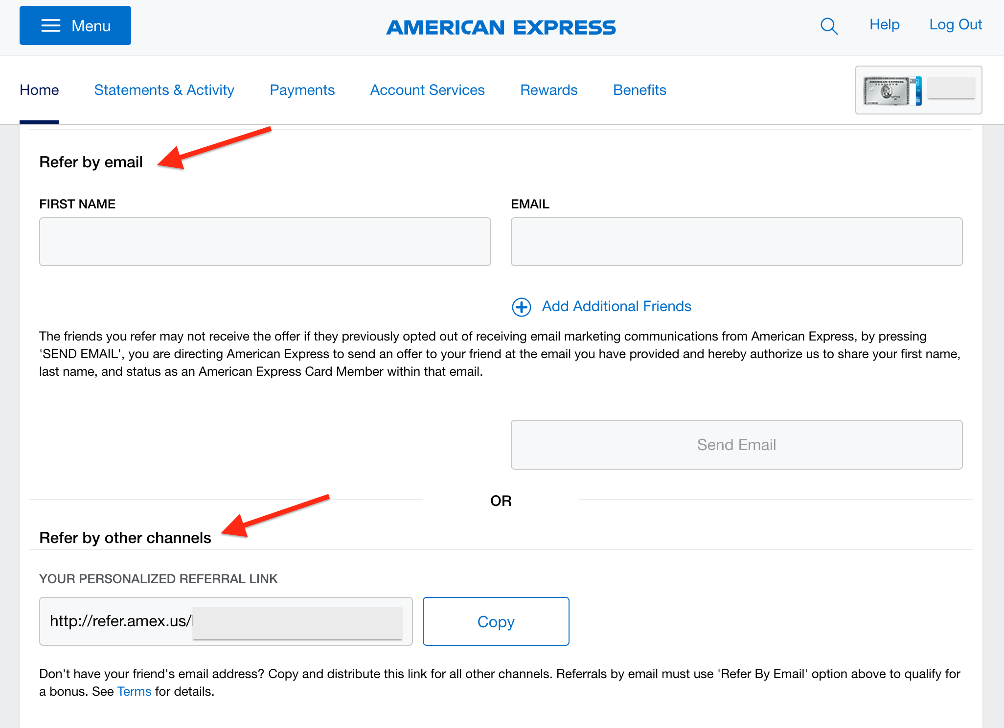 Amex Refer A Friend through website