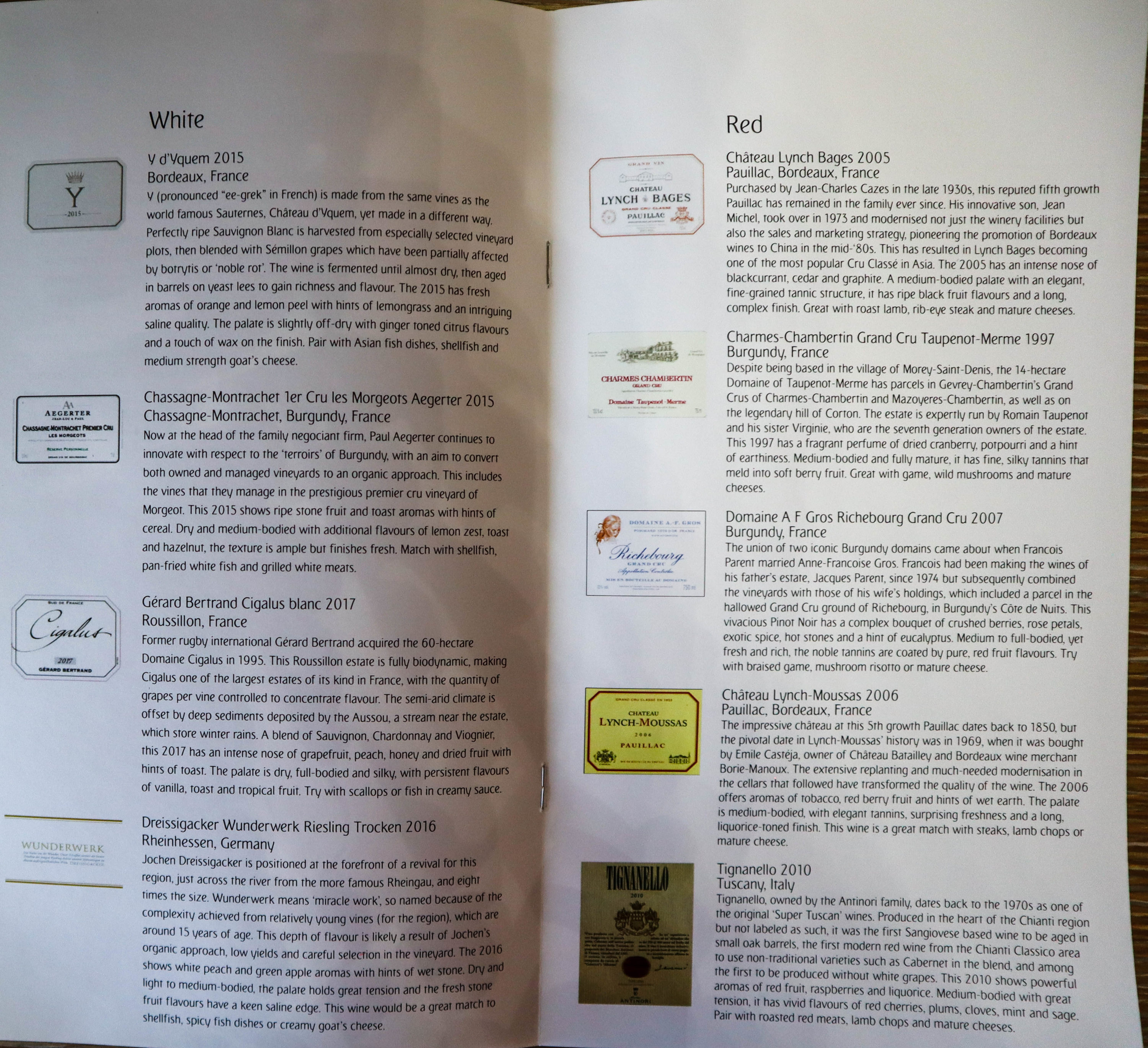 Emirates First Class Game Changer - Wine Menu