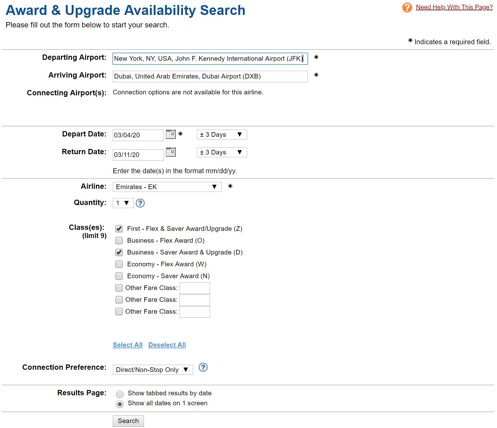 ExpertFlyer Search