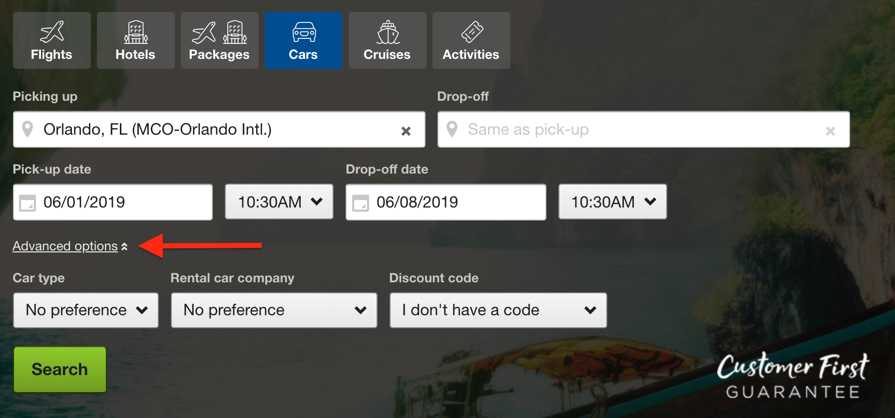 Travelocity Cars Advanced options