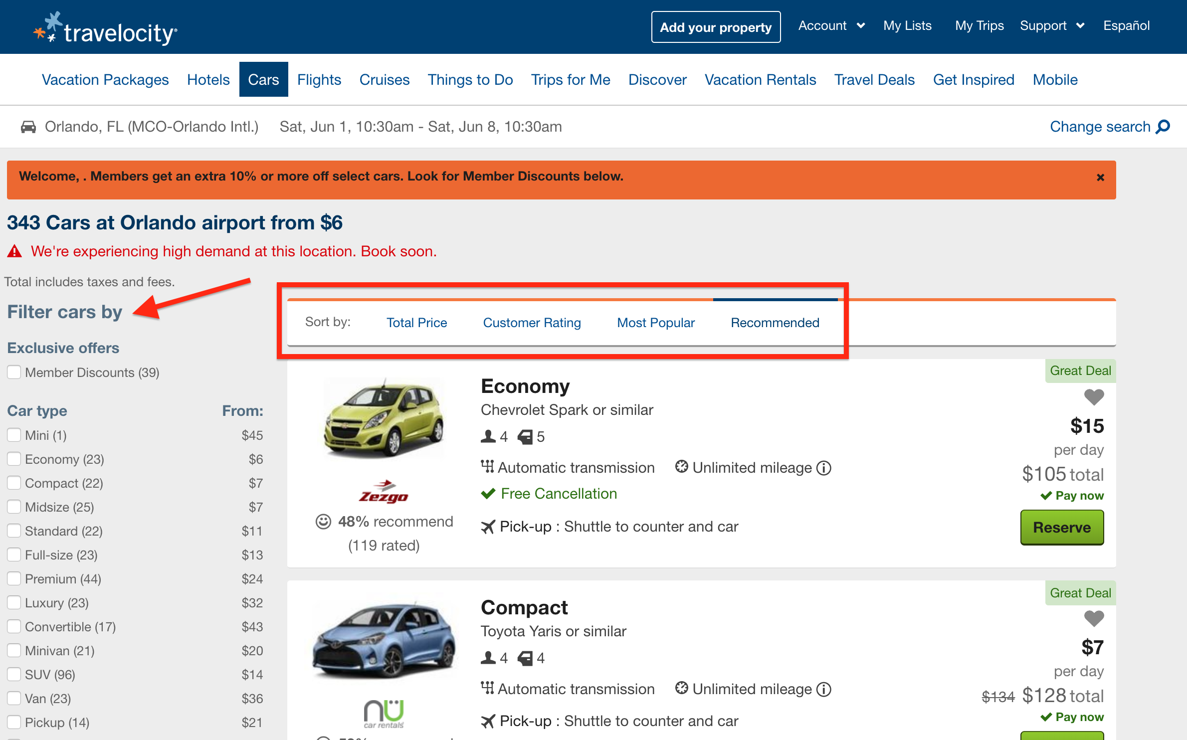 Travelocity Cars filter and sort