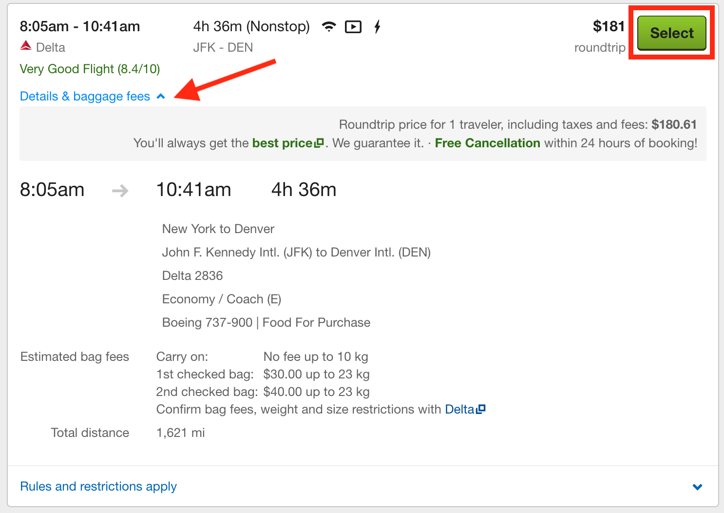 Travelocity Flights - details and baggage fees