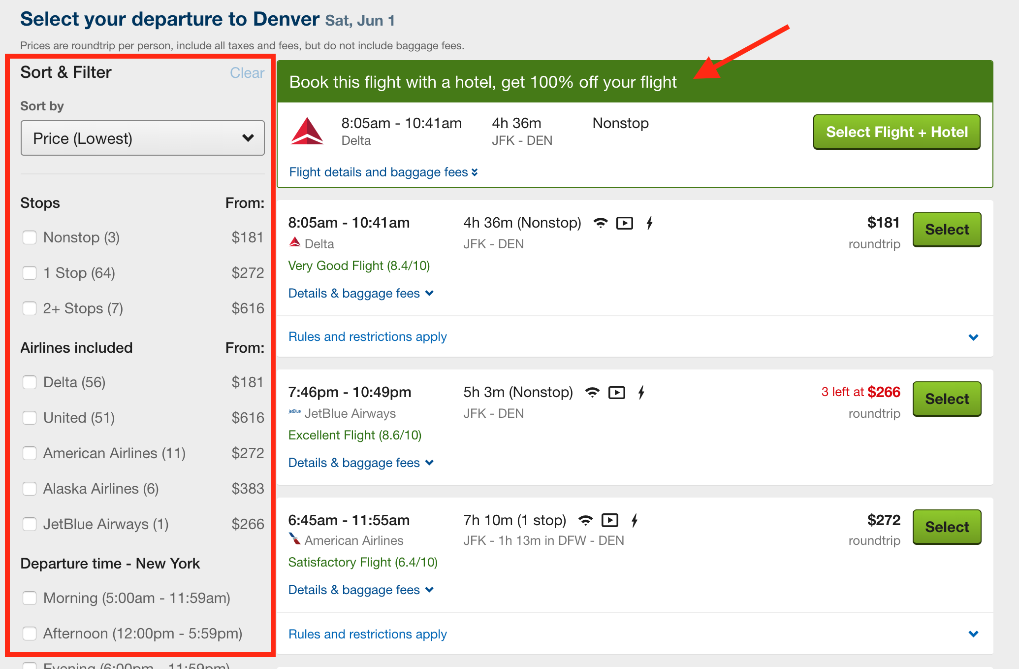 Travelocity Flights - sorting and filtering