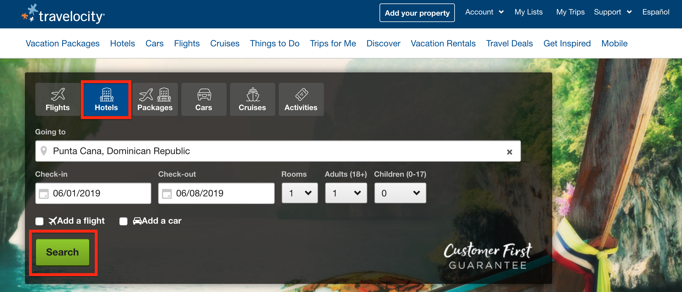Travelocity Hotels Main Search Box