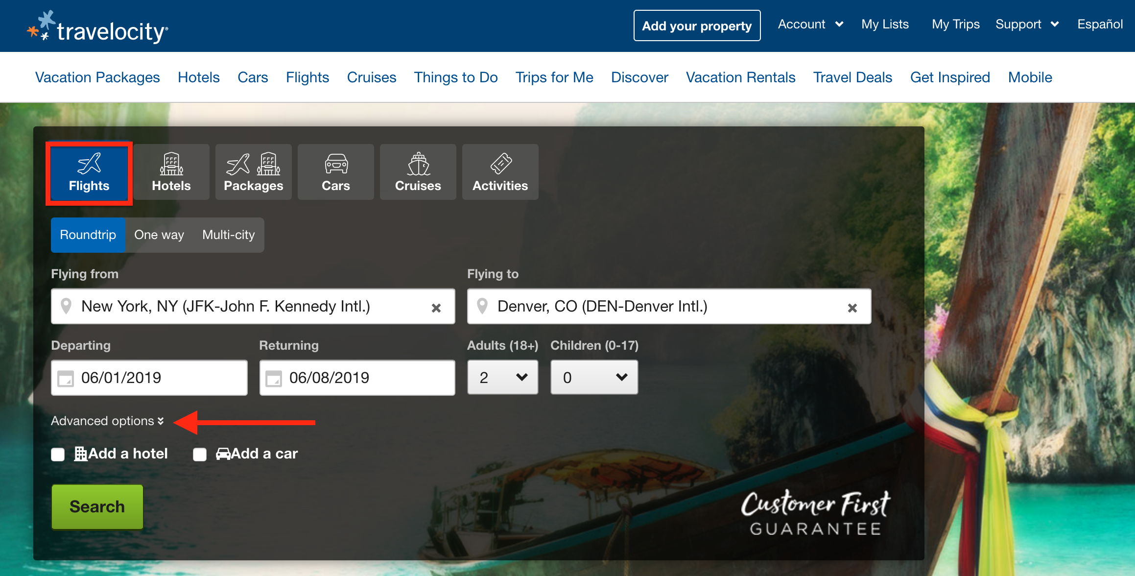 Travelocity flights home page