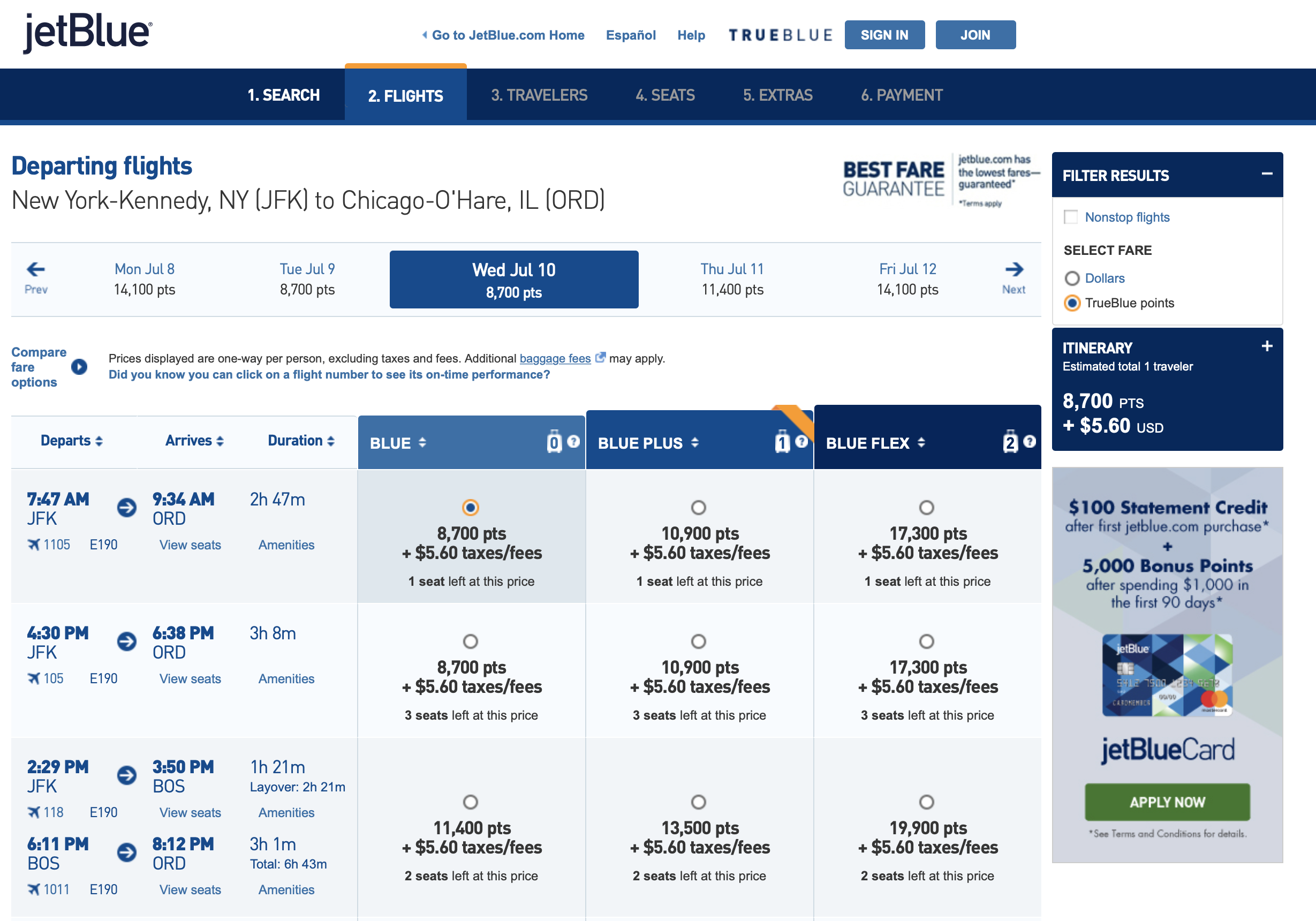 Using Jetblue flights for New York to Chicago Using JetBlue TrueBlue for flights between New York and Chicago