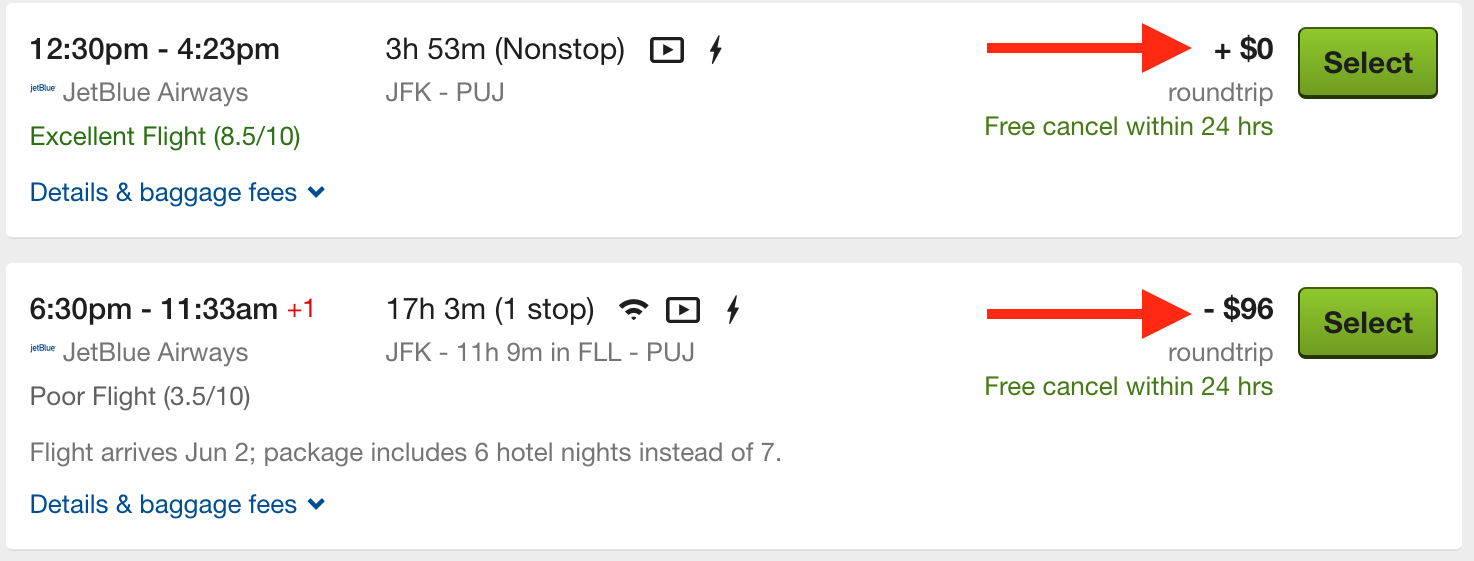Vacation Package price changes