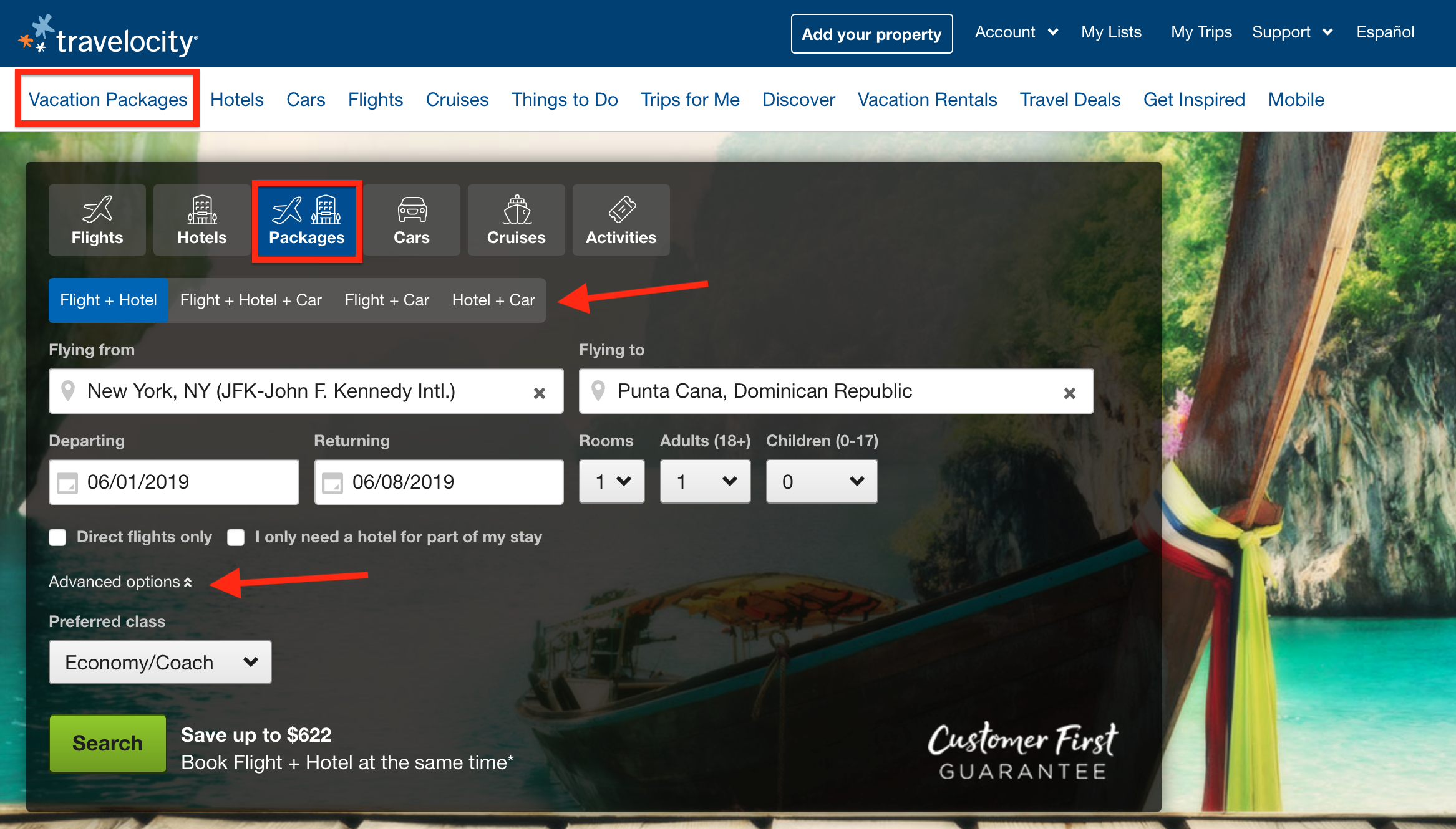 Travelocity Vacation Packages main page
