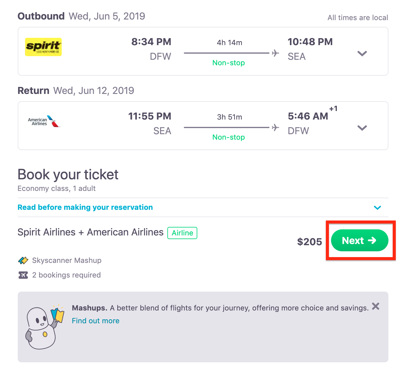 booking a skyscanner mashup ticket