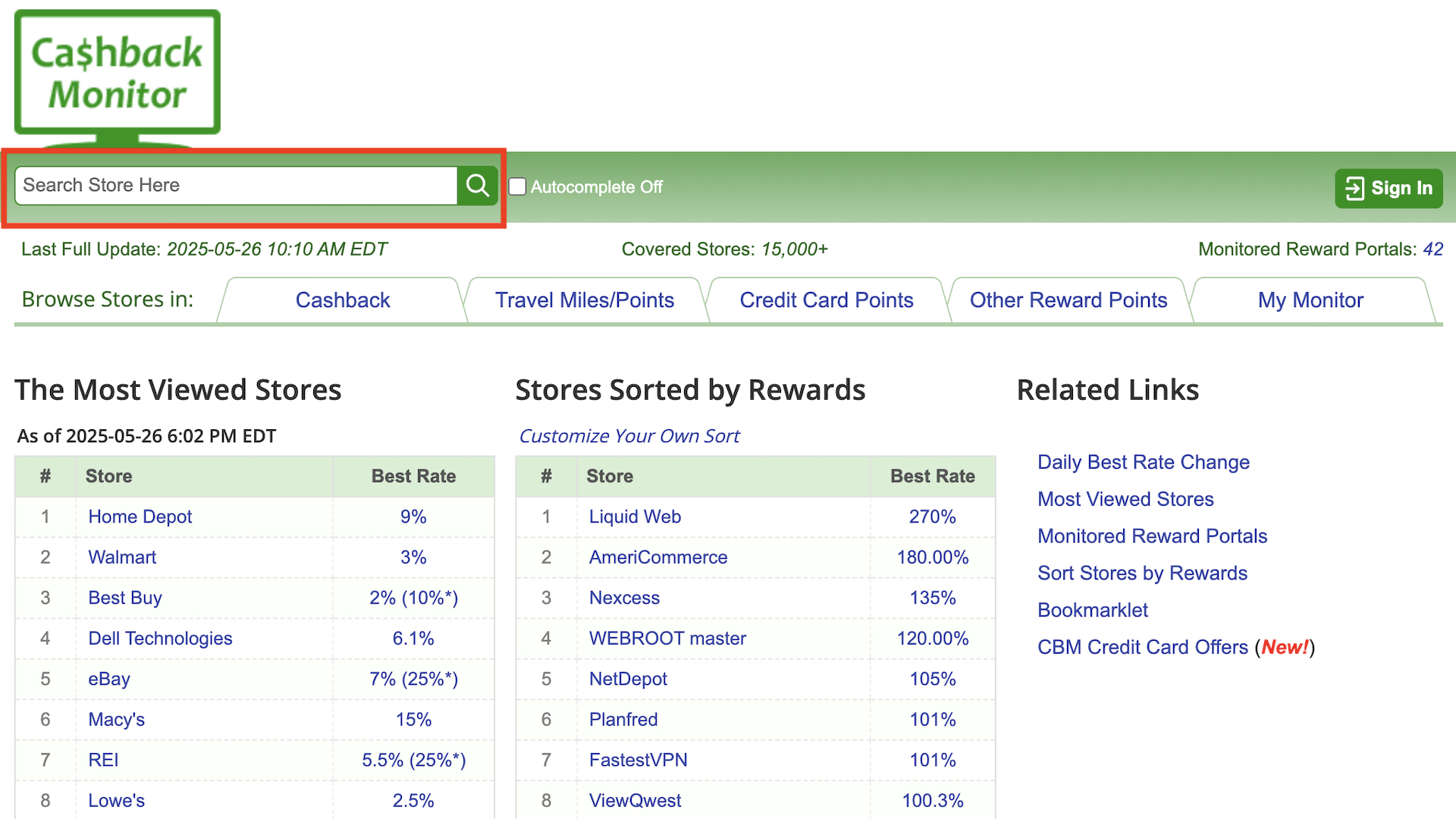 CashBackMonitor home page Cashback monitor homepage