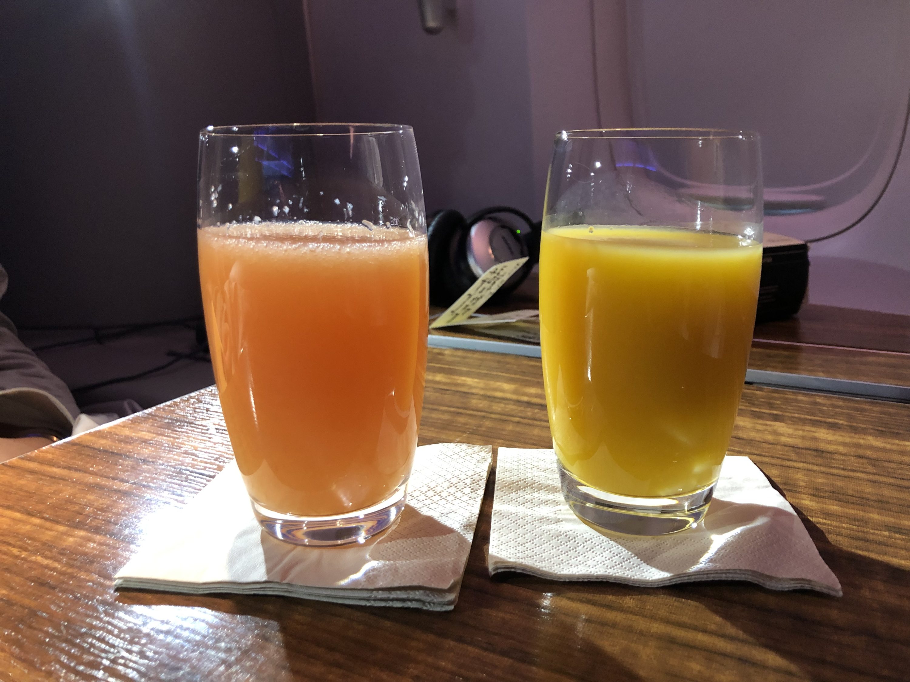 Cathay Pacific 777 first class breakfast juice