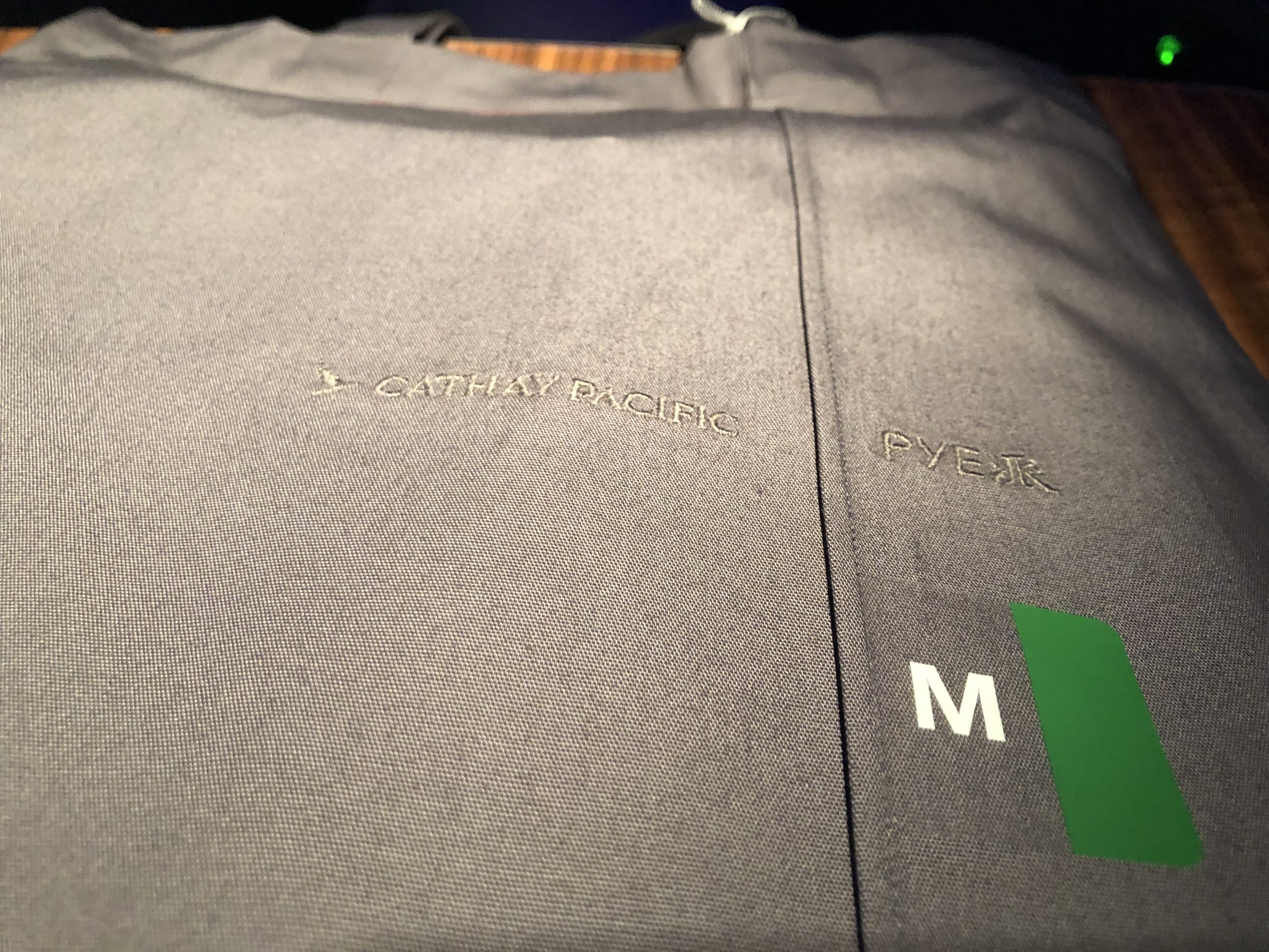 Cathay Pacific 777 first class pajama bag close-up