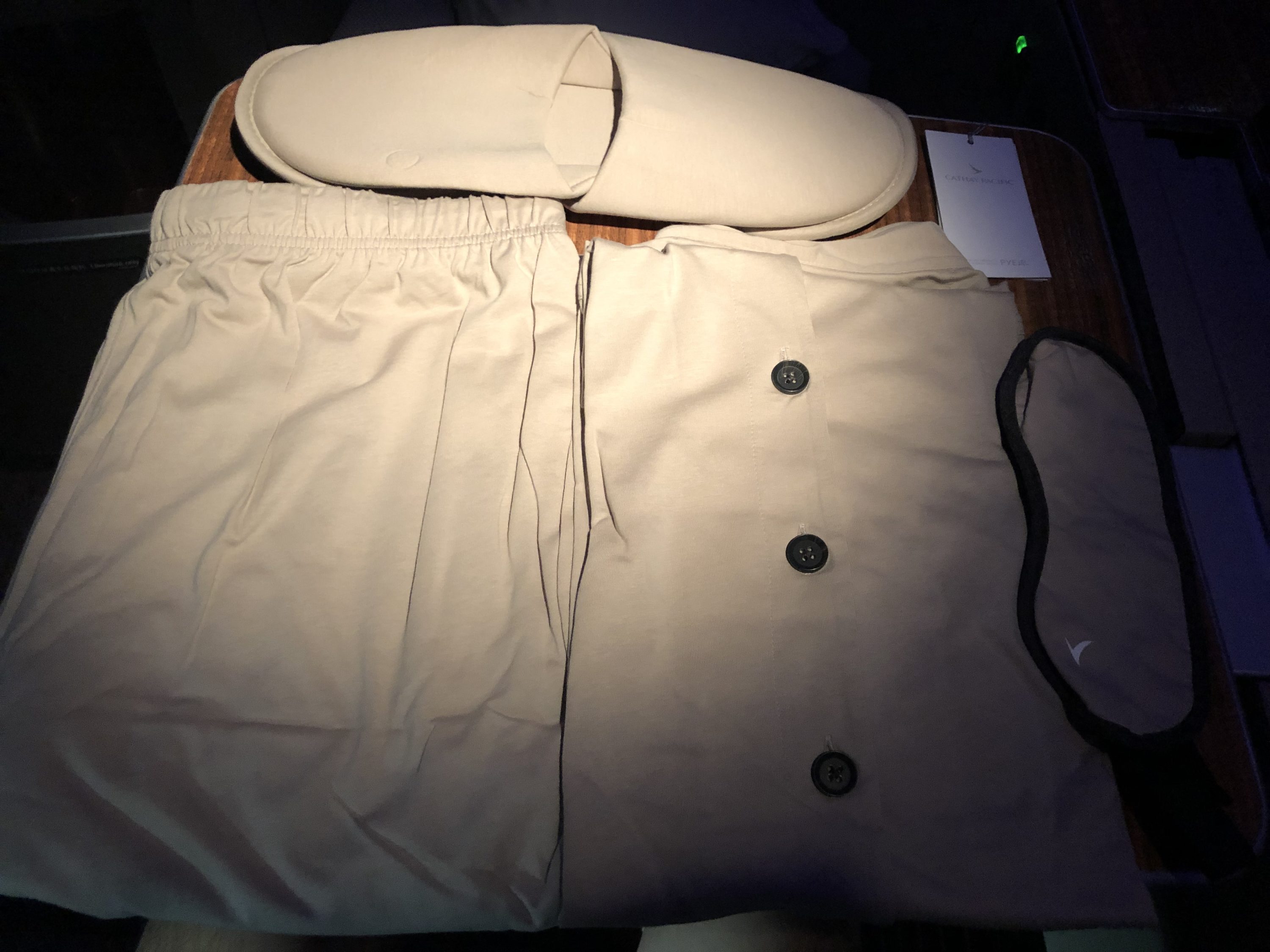 Cathay Pacific 777 first class pajamas and slippers