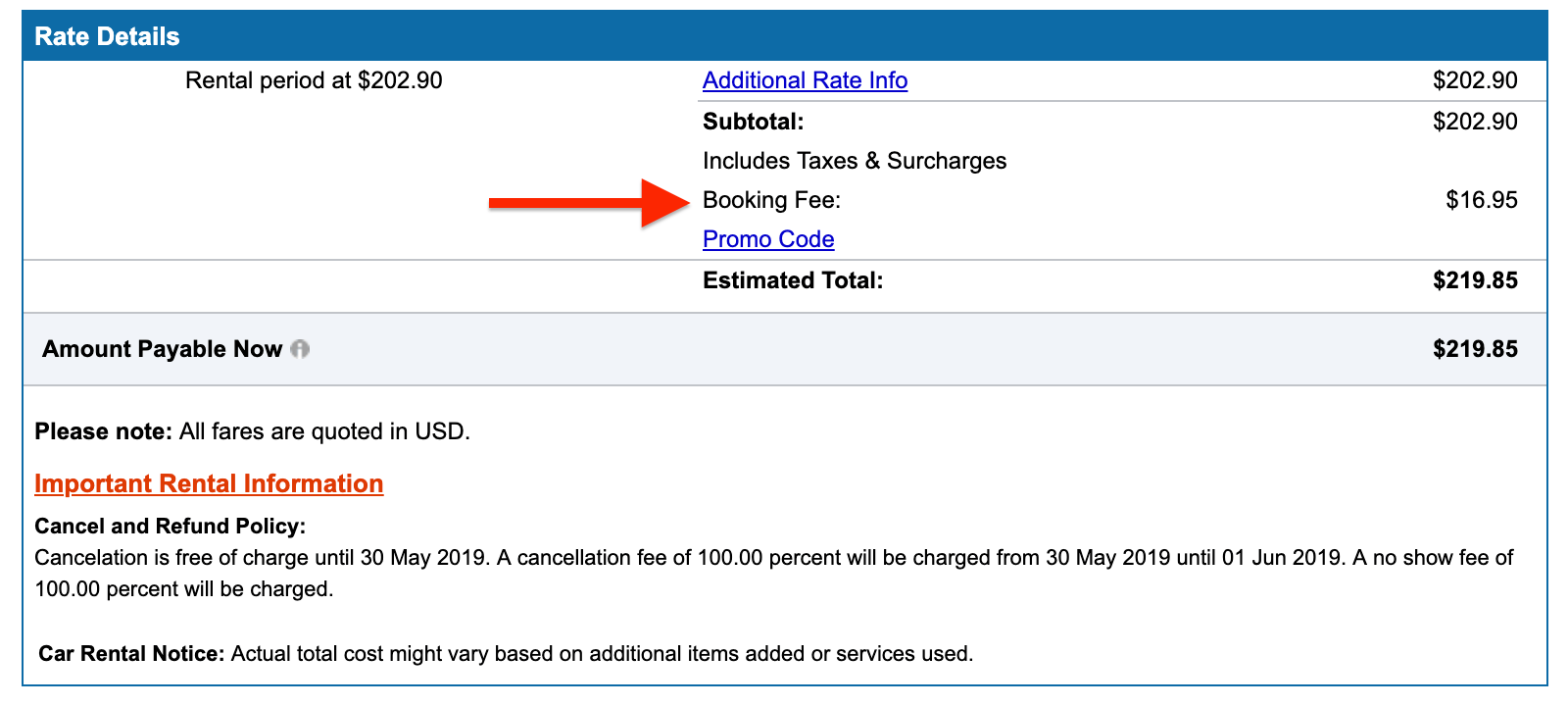 Cheapoair car rental booking fee