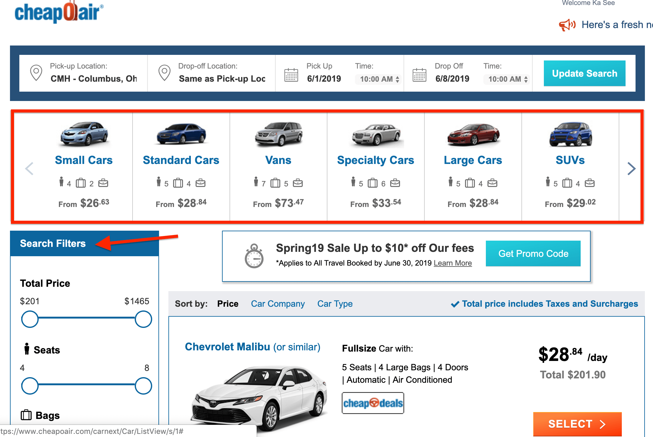 Cheapoair car rental filter and sort