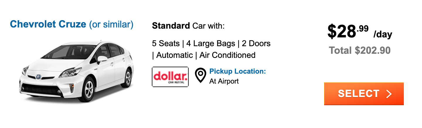 Cheapoair car rental search result