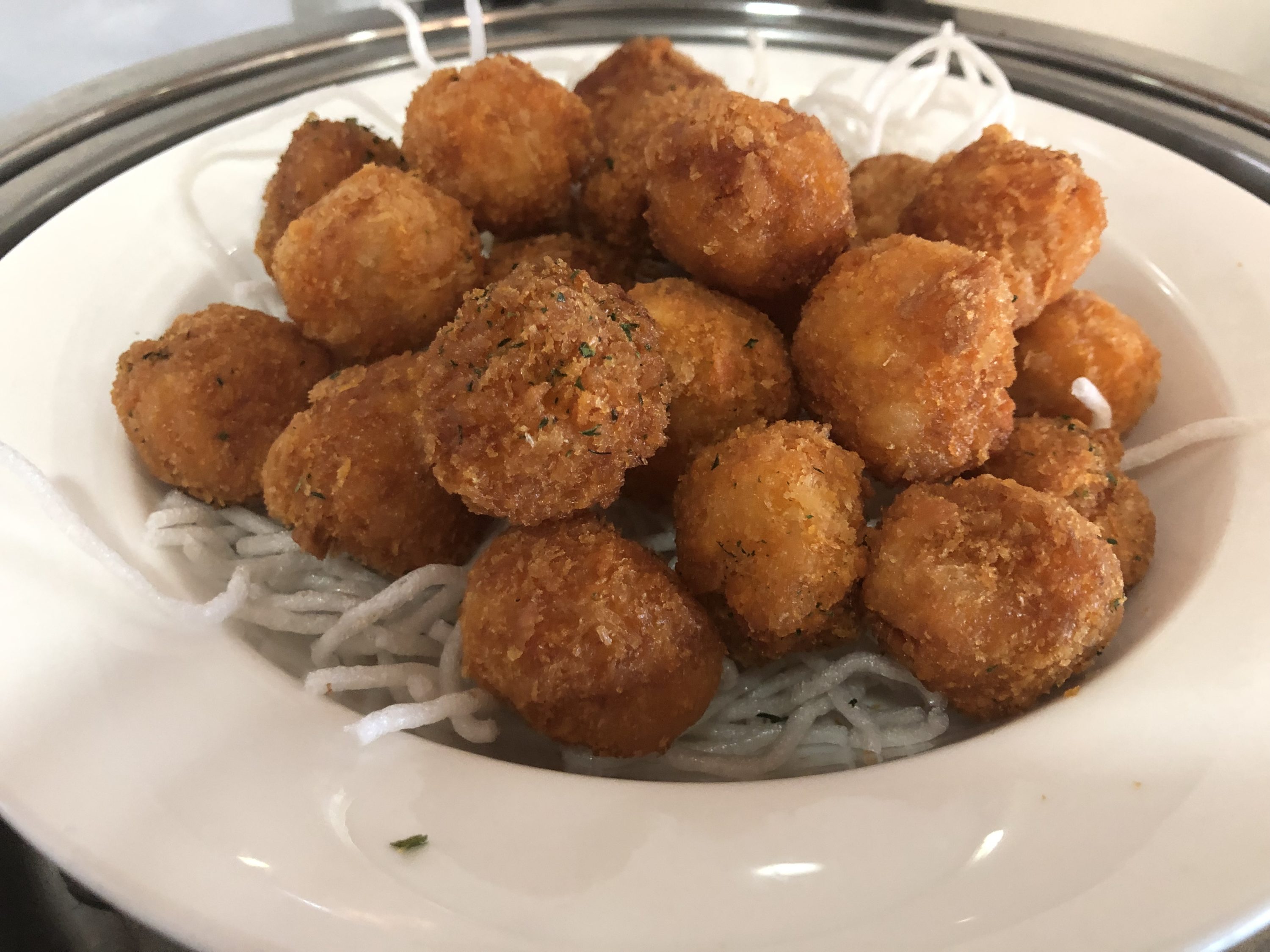 Korean Air business class lounge fried shrimp balls close-up