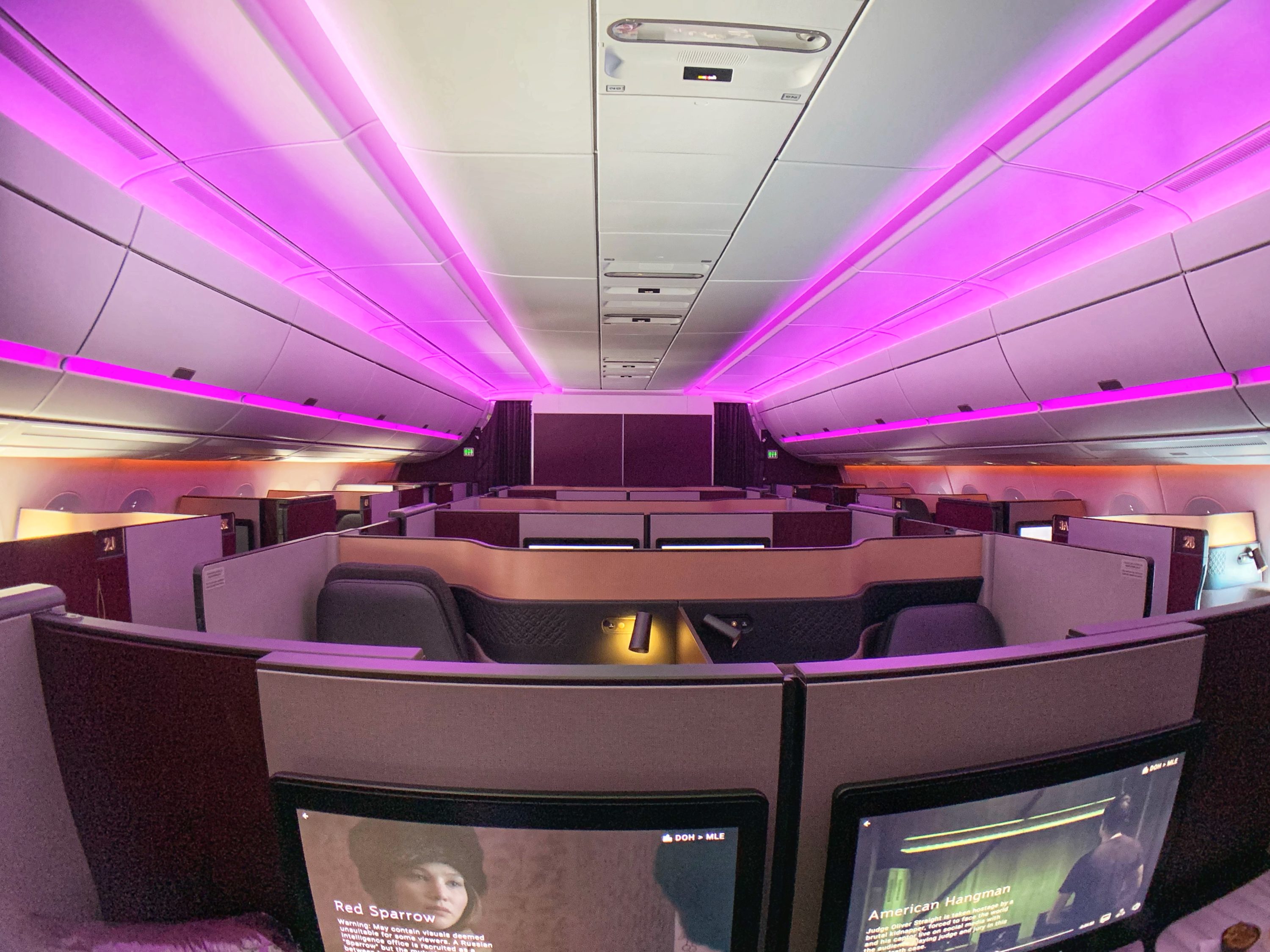 Qatar QSuites A350 Lighting & View from Bulkhead Qatar QSuites A350 Lighting & View from Bulkhead
