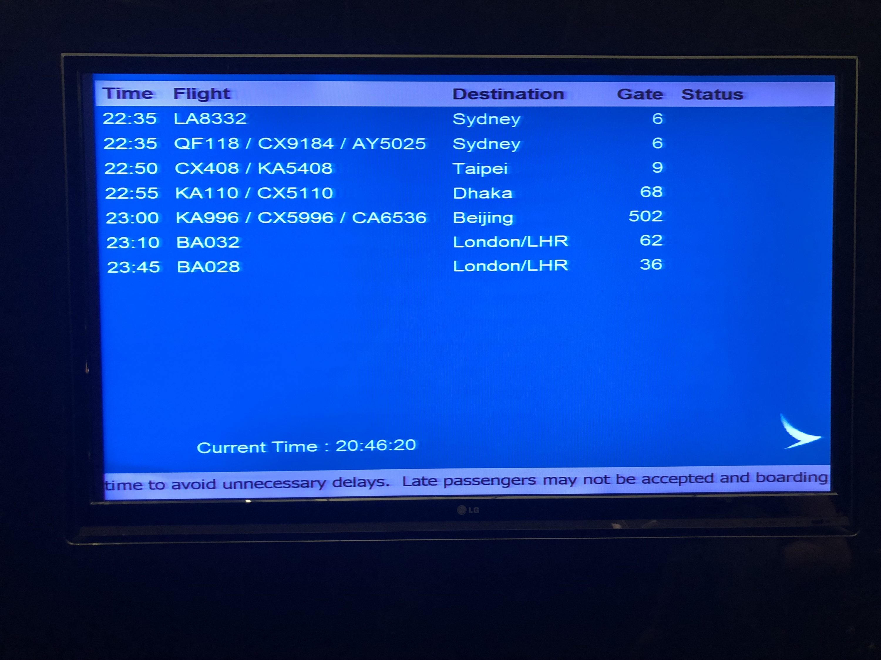 The Wing, First at Hong Kong International Airport flight display screen