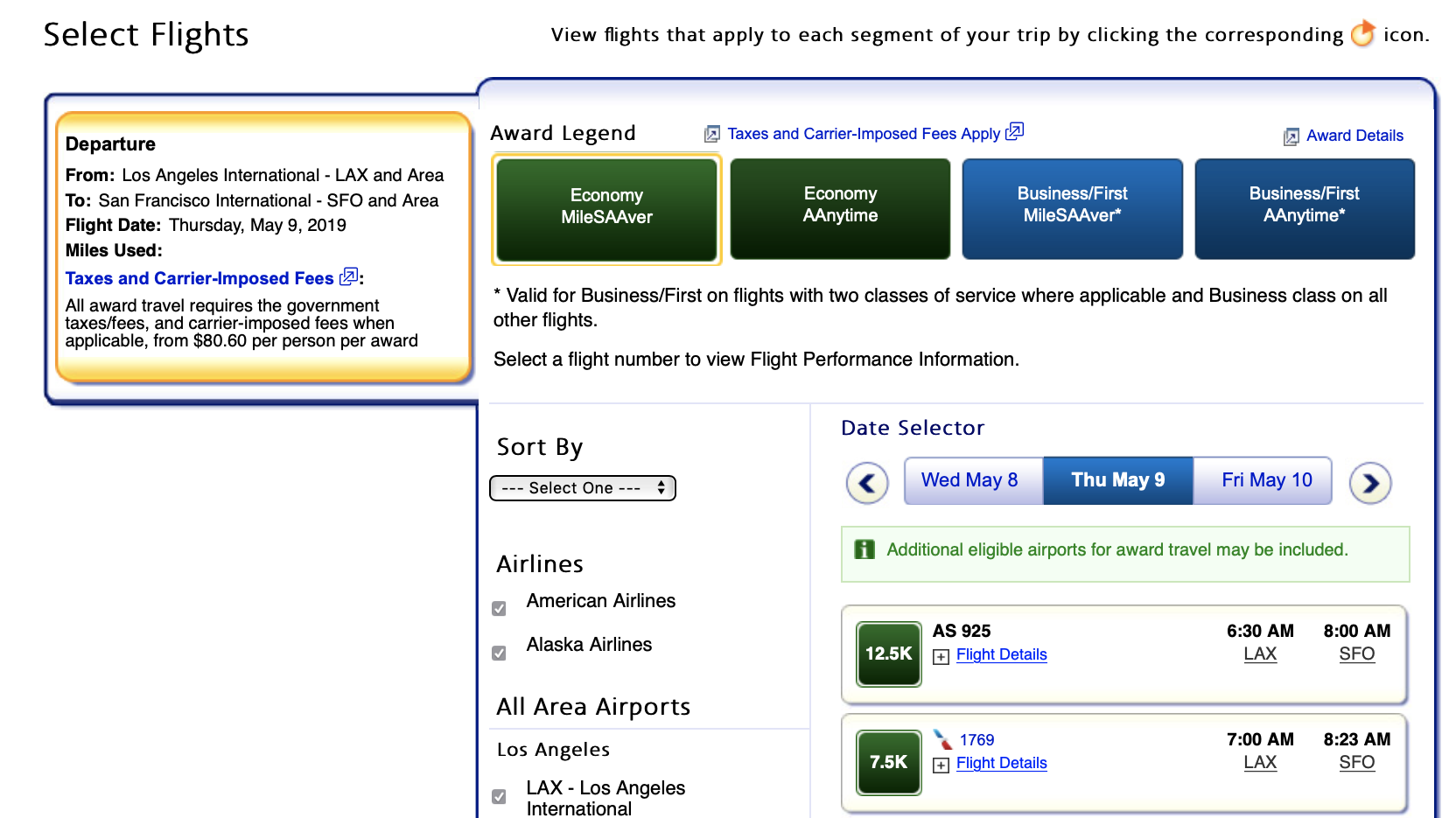 Using American Airlines miles to fly between LAX and SFO