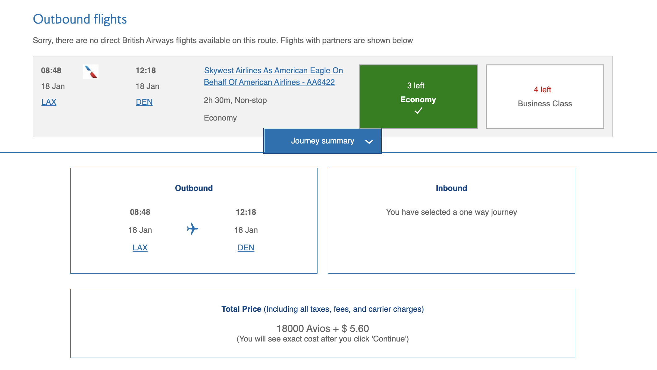 Booking North American Flights With Avios ba avios lax den economy award
