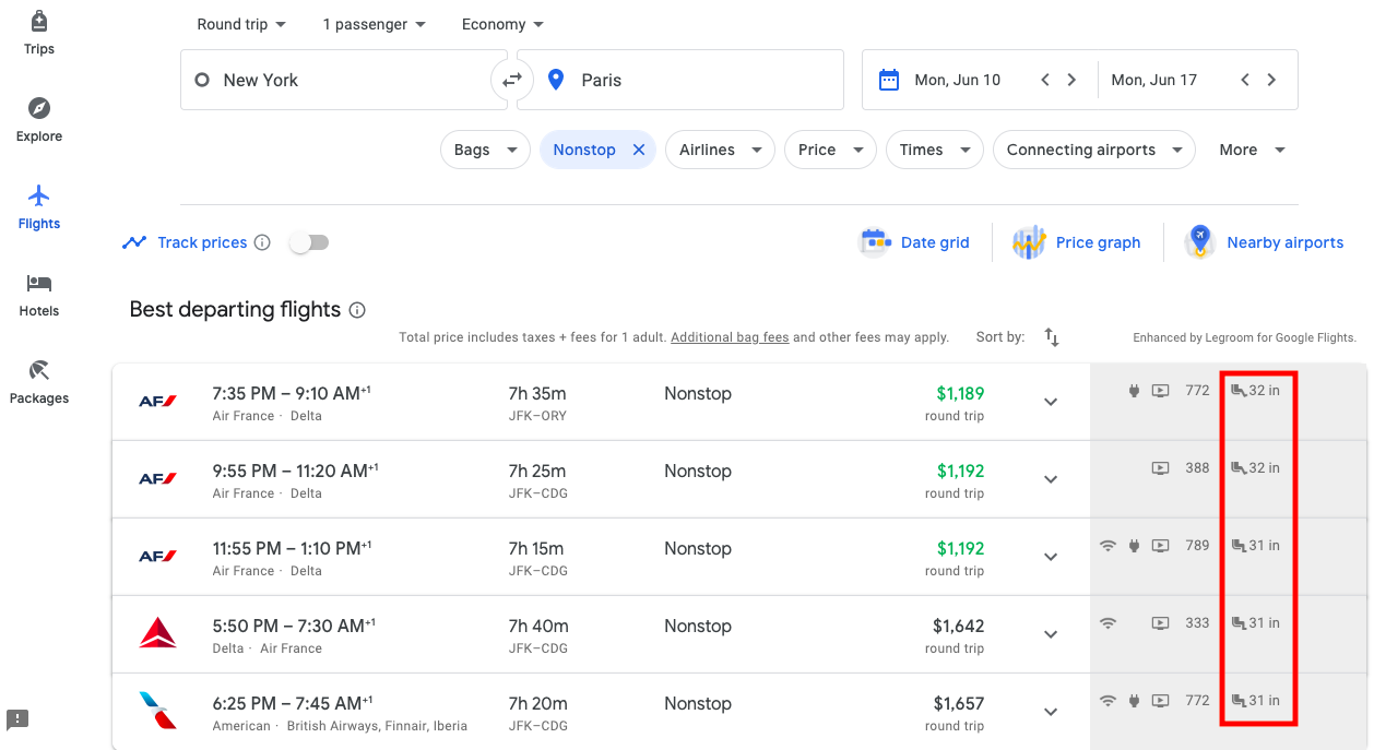 Google Flights Enhanced By Legroom