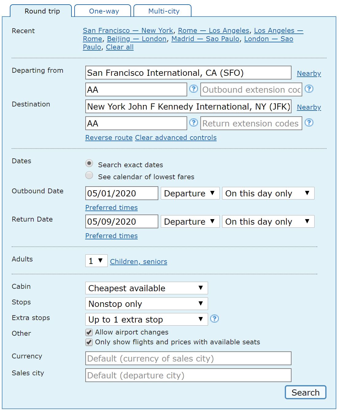 ITA Matrix search input
