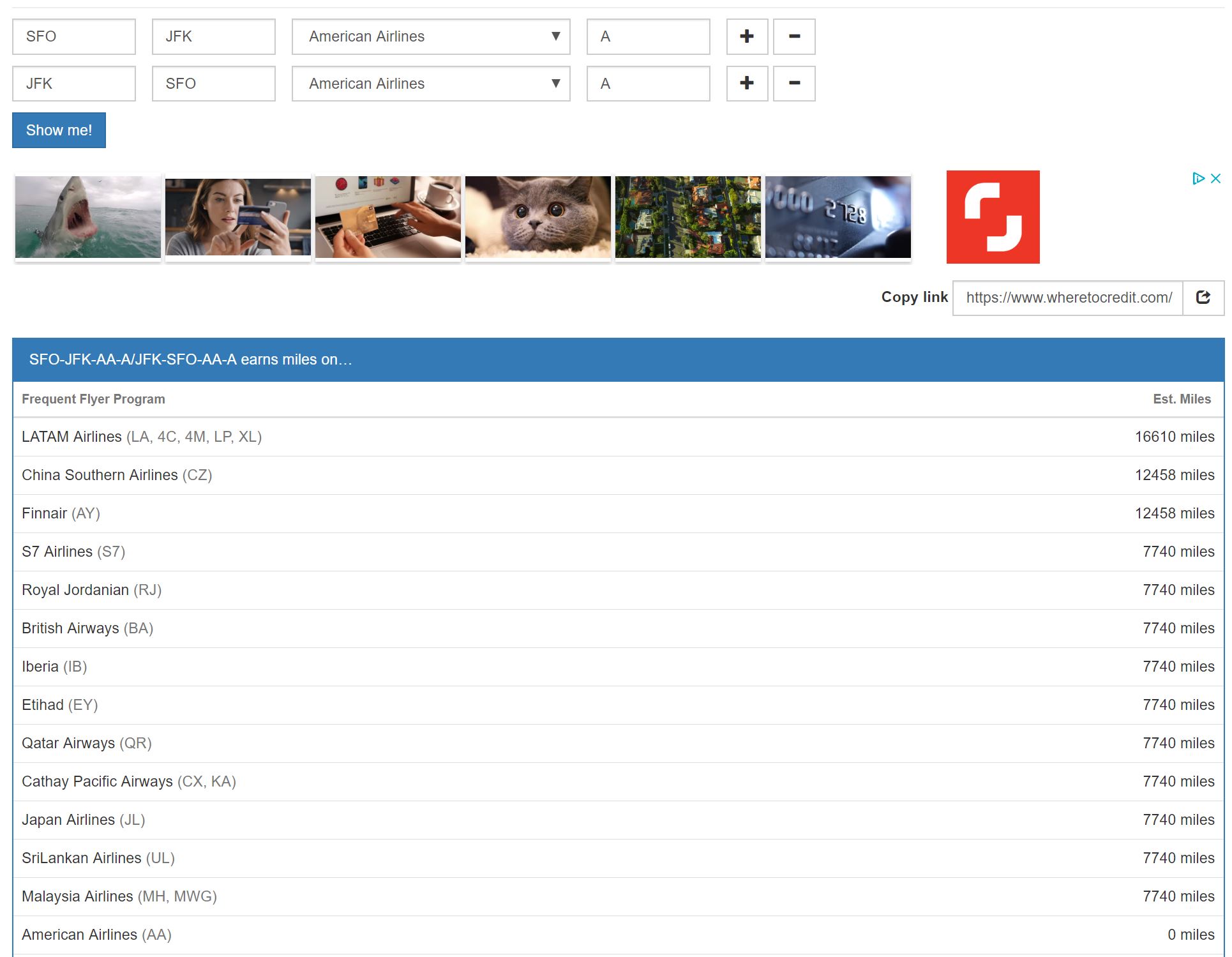 Where to Credit Calculator Results Page